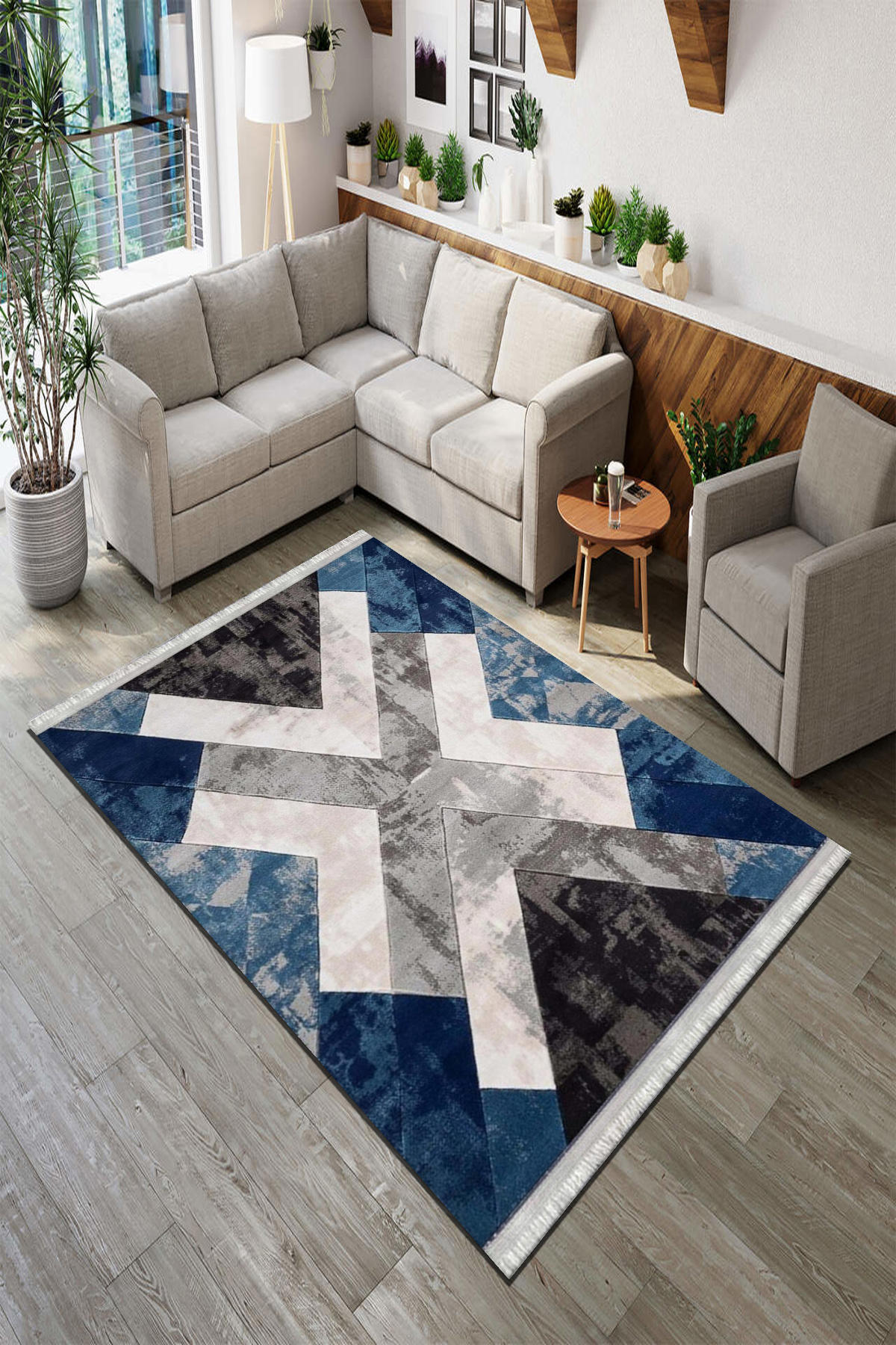 Roslyn Home Mavi 6 mm Polyester Toz Tutmaz Yıkanabilir İnce Kaymaz Dot Taban Geometrik Dikdörtgen Makine Dokuma Salon Halısı 120x400 cm