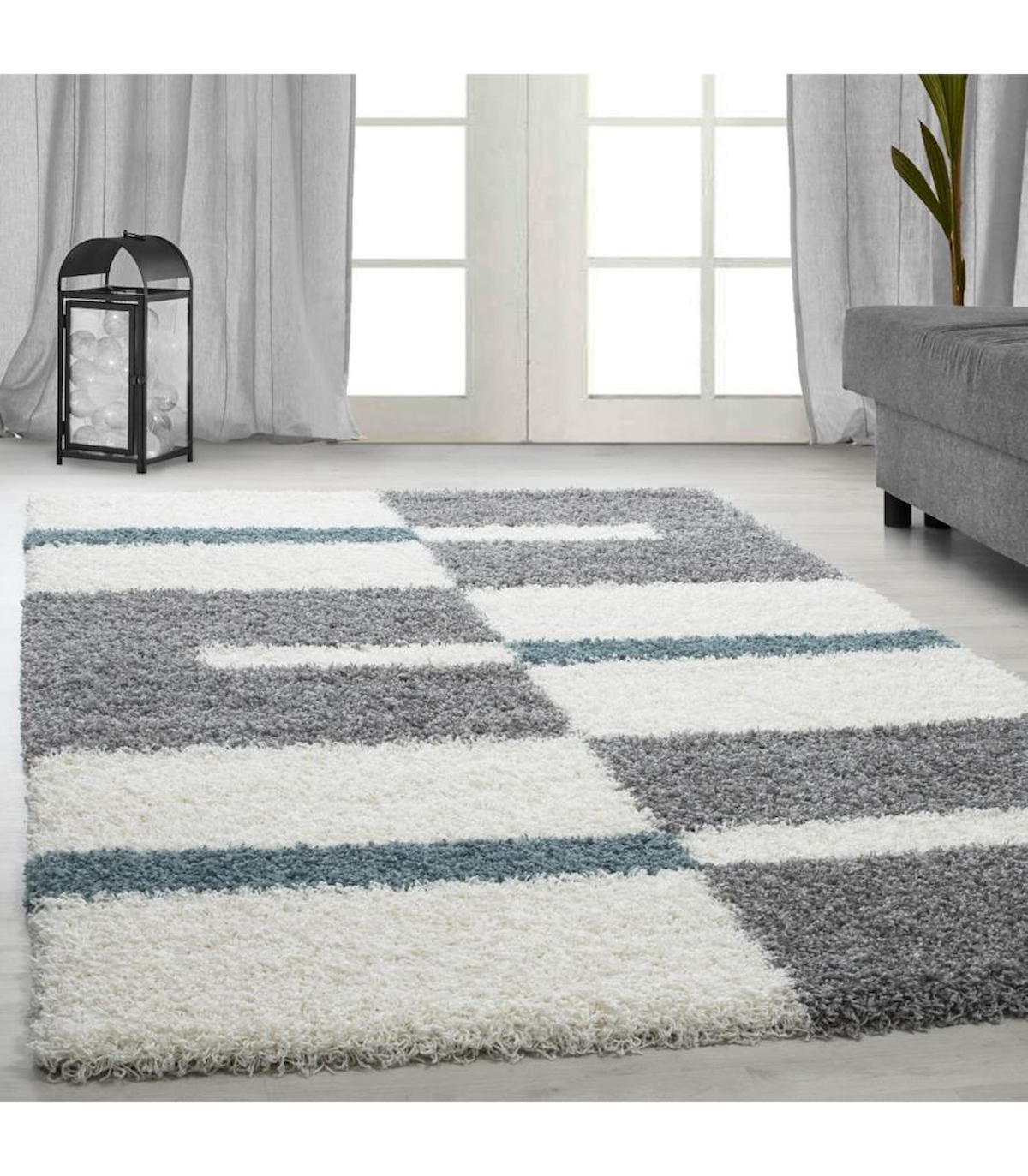 Carpettex Krem-Turkuaz 30 mm Polipropilen Antialerjenik Yıkanabilir Kalın Kaymaz Jüt Taban Dikdörtgen Makine Dokuma Salon Halısı 140x200 cm