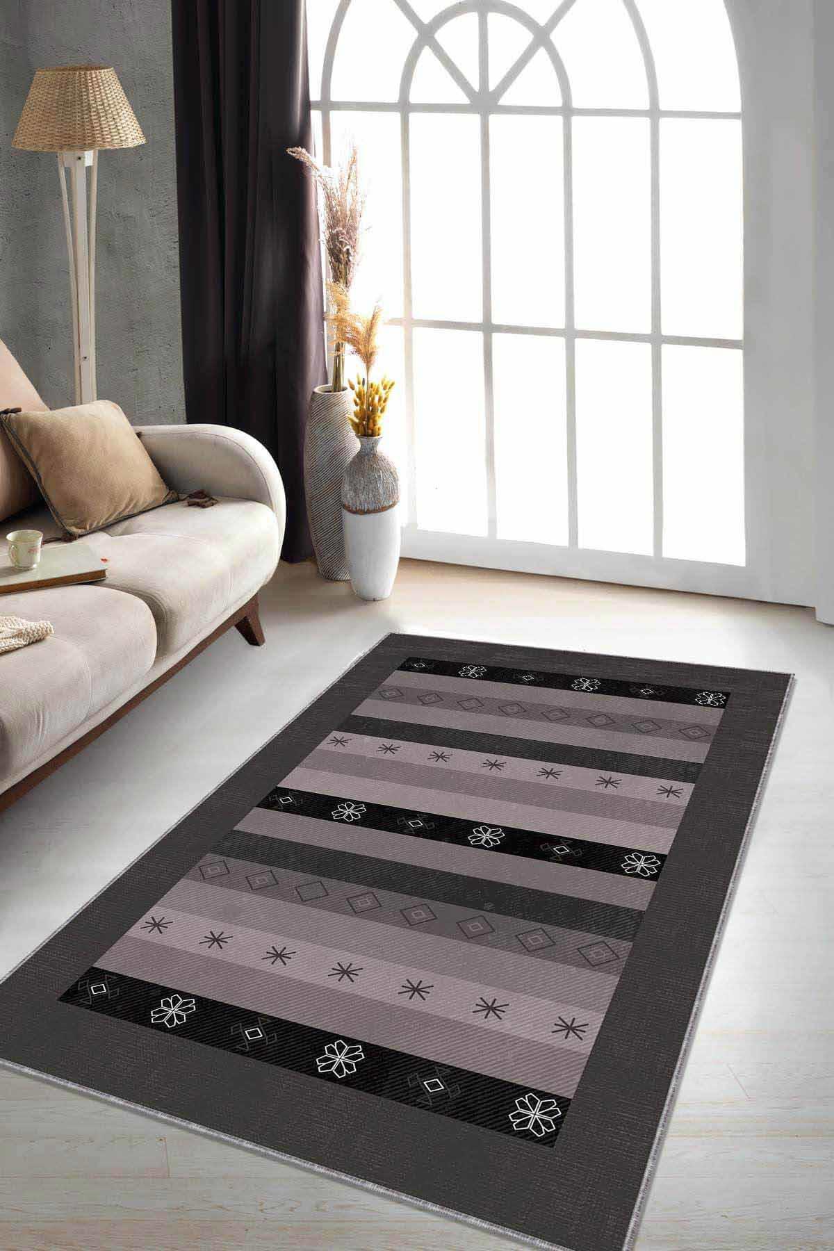 Viva Home RV272 Füme 7 mm Mikropolyester Silinebilir Yıkanabilir Kaymaz Dikdörtgen Makine Dokuma Salon Halısı 120x180 cm