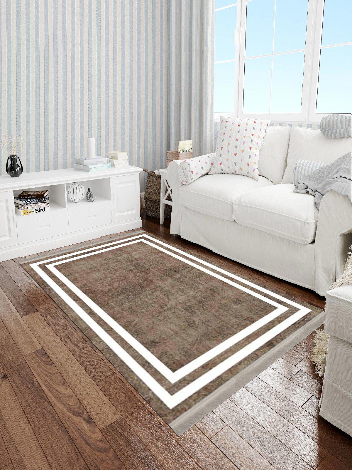 Enbe Collection E-MD0070A Beyaz Kahverengi 5 mm Pamuk Antibakteriyel Yıkanabilir Orta Kaymaz Dot Taban Dikdörtgen Makine Dokuma Oturma Odası Halısı 200x290 cm