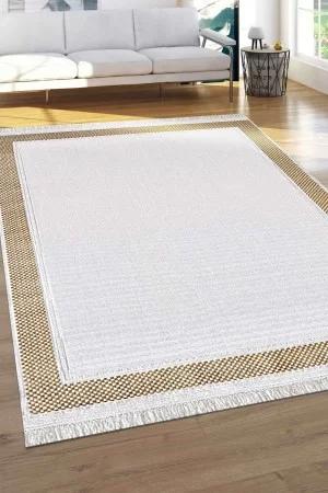Pierre Cardin Voila ZQ03D Kahverengi - Krem 7 mm Pamuk Antibakteriyel Yıkanabilir Kalın Kaymaz Lateks Taban Dikdörtgen Makine Dokuma Salon Halısı 100x200 cm