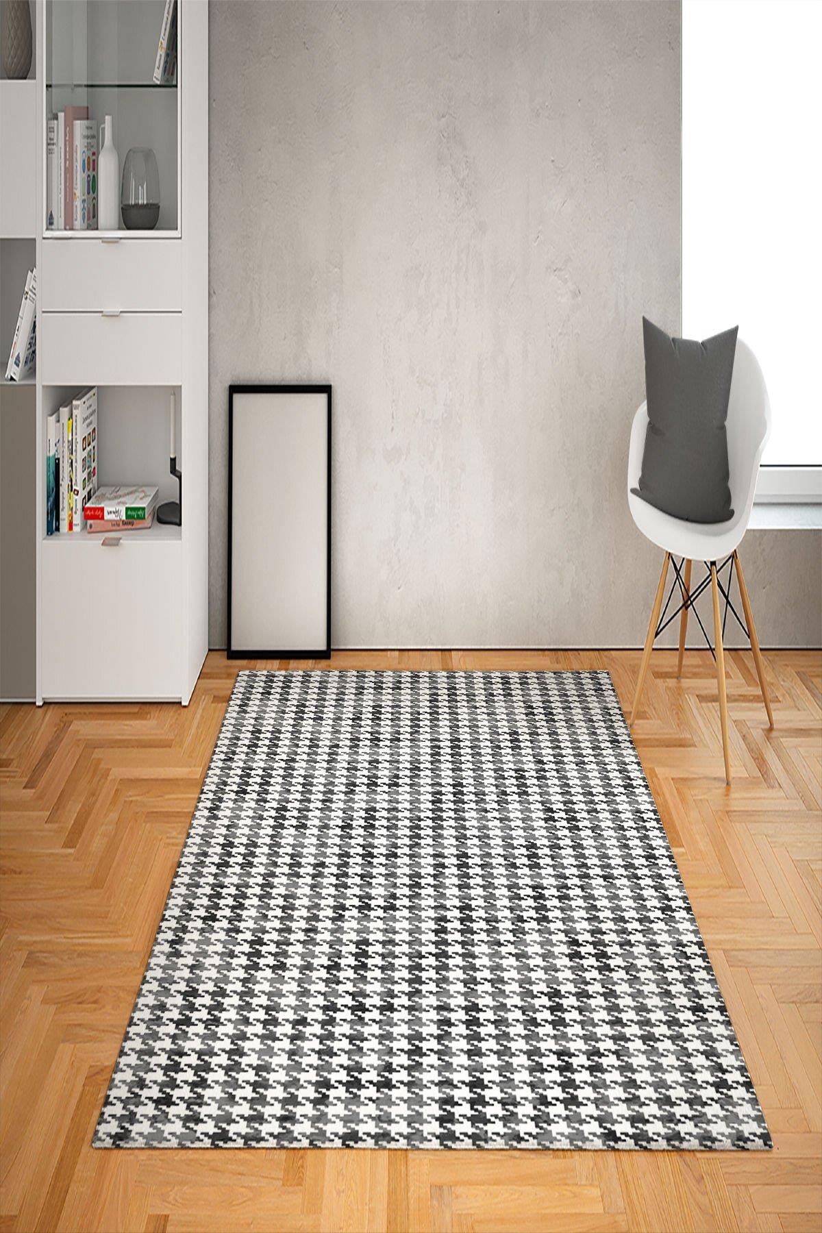 Doruklar Home Collection Gri 0.7 mm Antibakteriyel Yıkanabilir Kalın Kaymaz Taban Geometrik Dikdörtgen Makine Dokuma Salon Halısı 80x120 cm