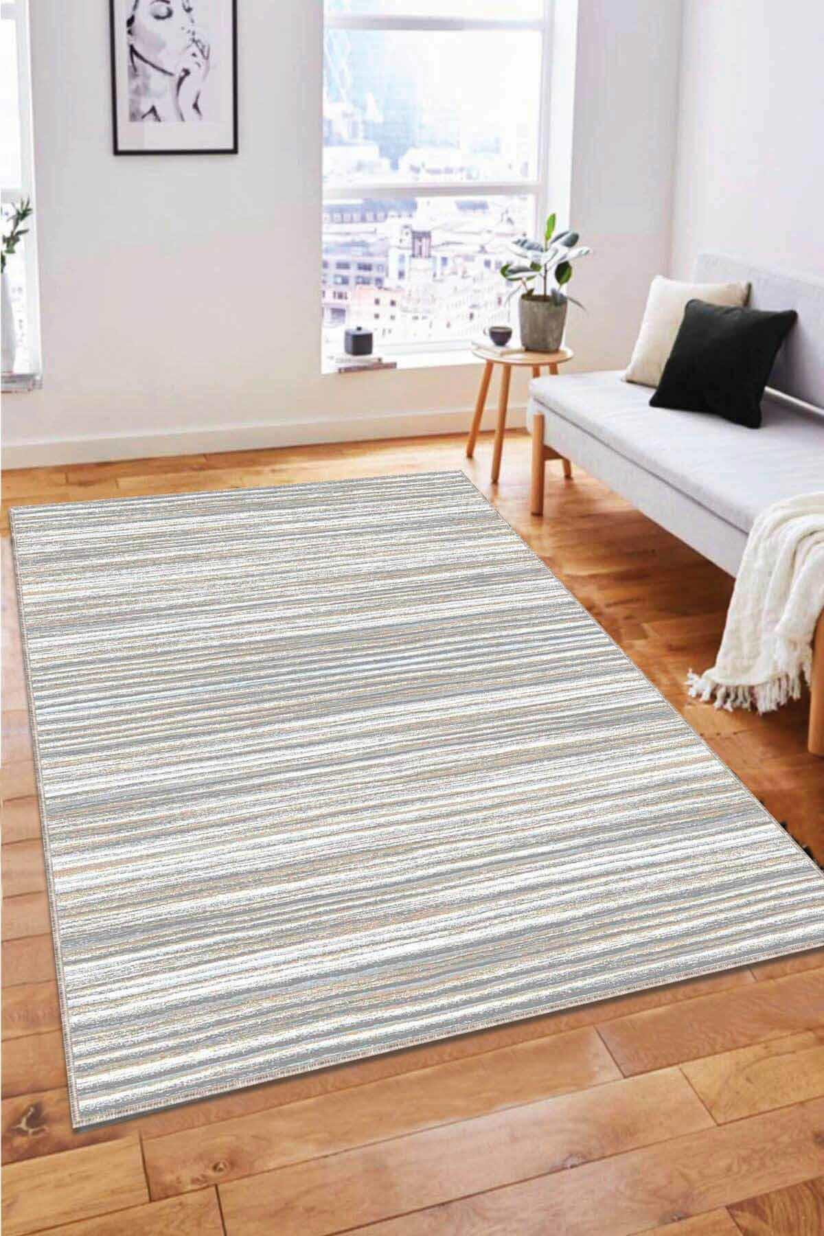 Viva Home AR114 Bej 7 mm Mikropolyester Leke Tutmaz Yıkanabilir İnce Kaymaz Dot Taban Dikdörtgen Makine Dokuma Salon Halısı 180x300 cm