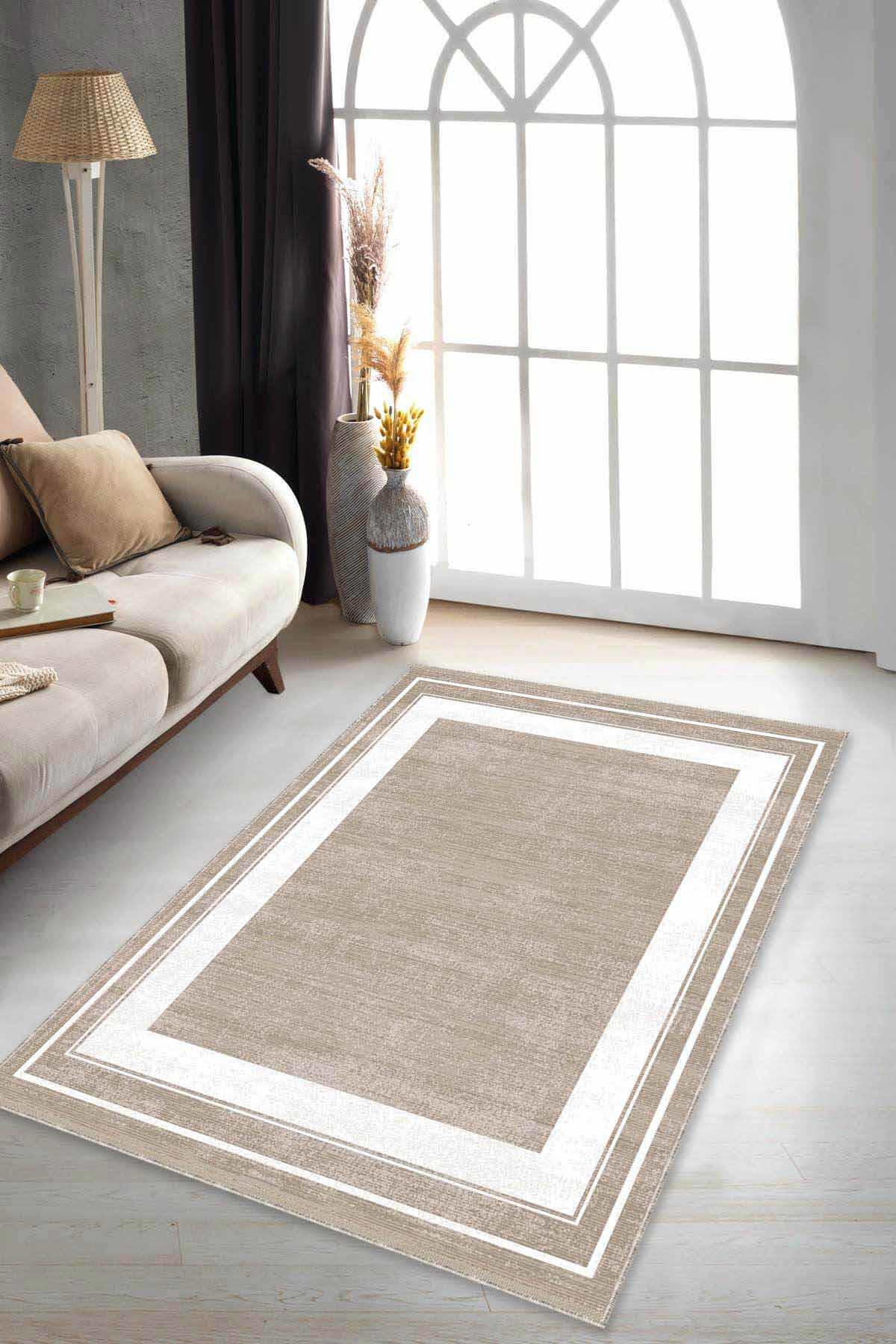 Viva Home AR529 Bej 7 mm Mikropolyester Yıkanabilir İnce Kaymaz Jüt Taban Dikdörtgen Makine Dokuma Salon Halısı 100x300 cm