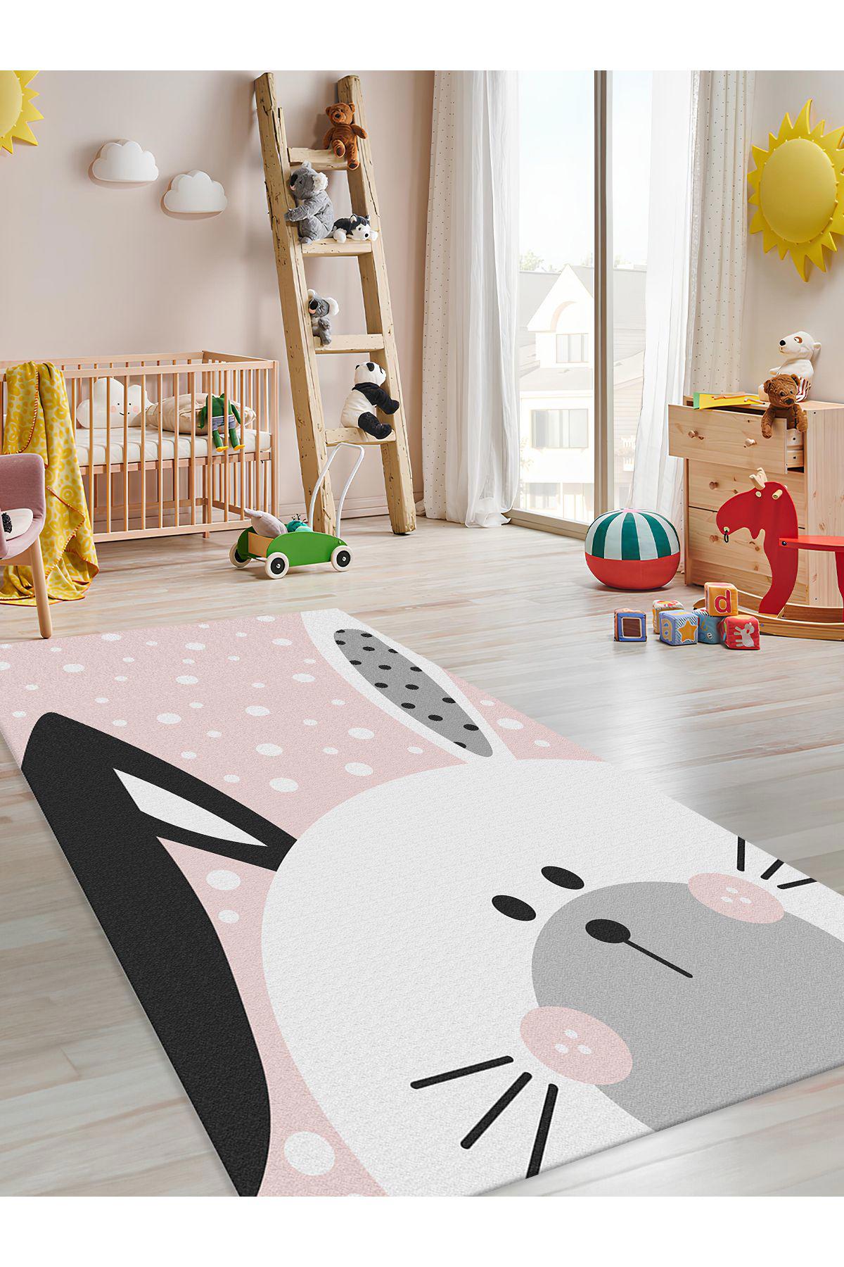 İnspira Çok Renkli 12 mm Polyester Antibakteriyel Yıkanabilir Kalın Kaymaz Dot Taban Figürlü Dikdörtgen Makine Dokuma Bebek Odası-Çocuk Odası Halısı 100x300 cm