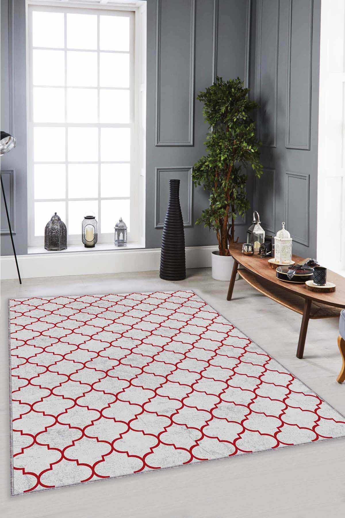 Viva Home FS08 Bordo 7 mm Mikropolyester Leke Tutmaz-Toz Tutmaz Yıkanabilir Orta Kaymaz Dot Taban Dikdörtgen Makine Dokuma Salon Halısı 100x200 cm