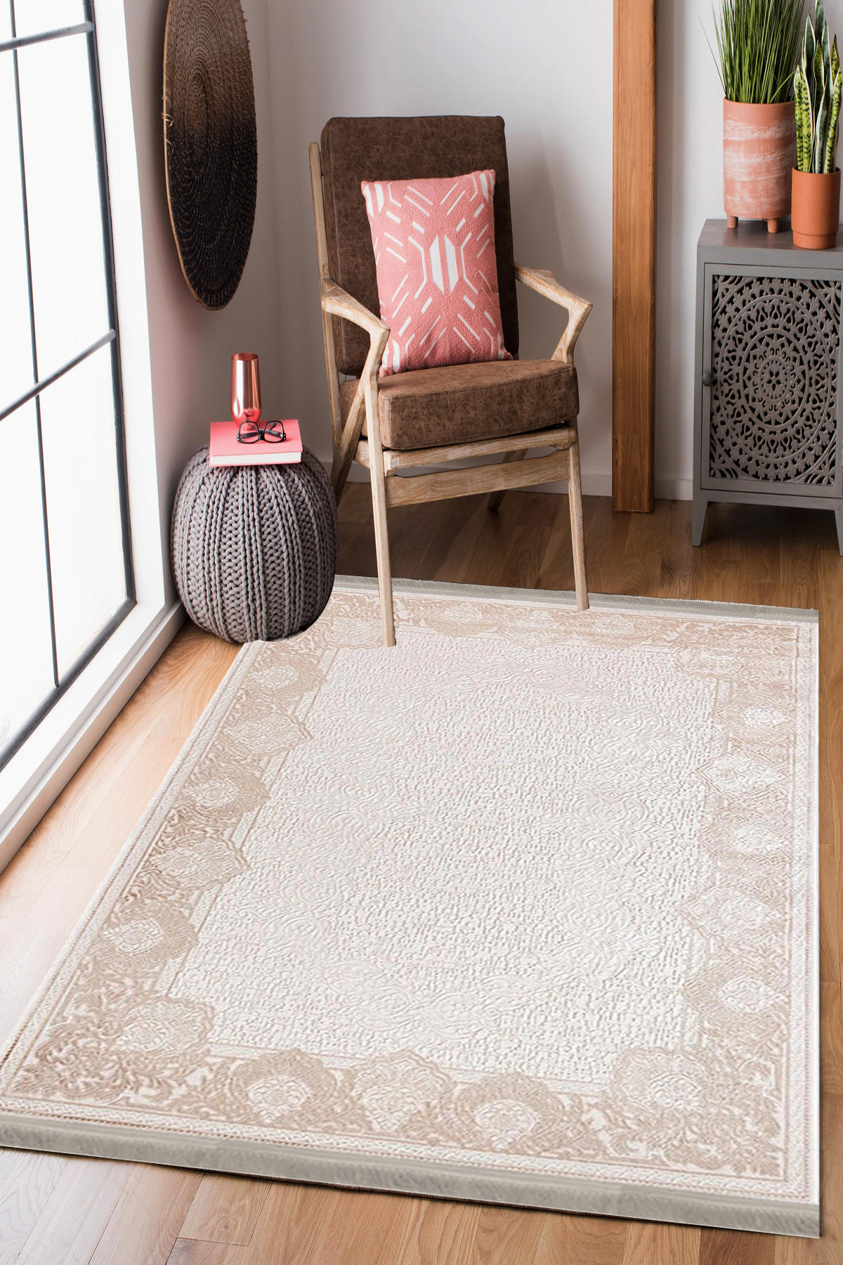 Homier Collection H-KS-3066A Krem 7 mm Pamuk Antibakteriyel Yıkanabilir Orta Kaymaz Dot Taban Dikdörtgen Makine Dokuma Salon Halısı 180x250 cm