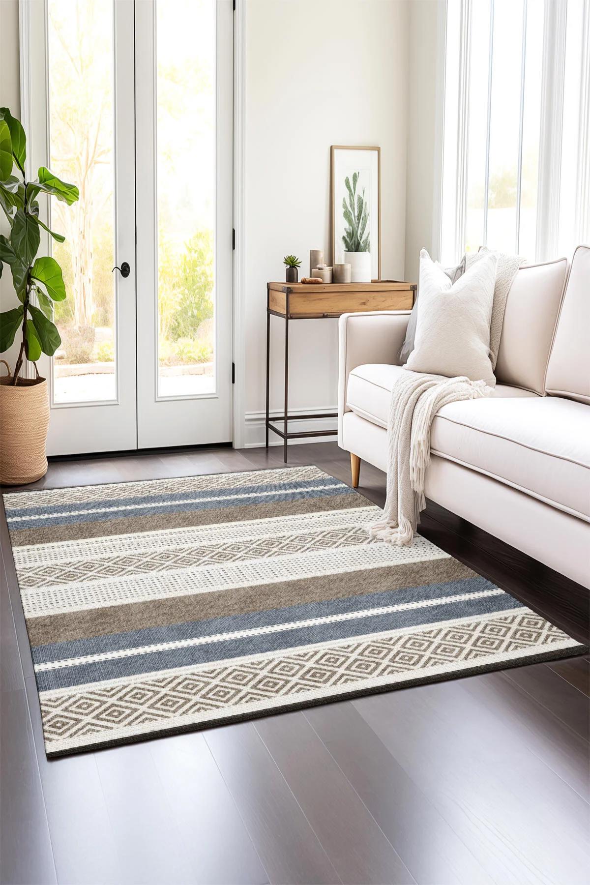 Comotex Krem 7 mm Polyester Antibakteriyel Yıkanabilir Kalın Kaymaz Taban Dikdörtgen Makine Dokuma Salon Halısı 100x300 cm