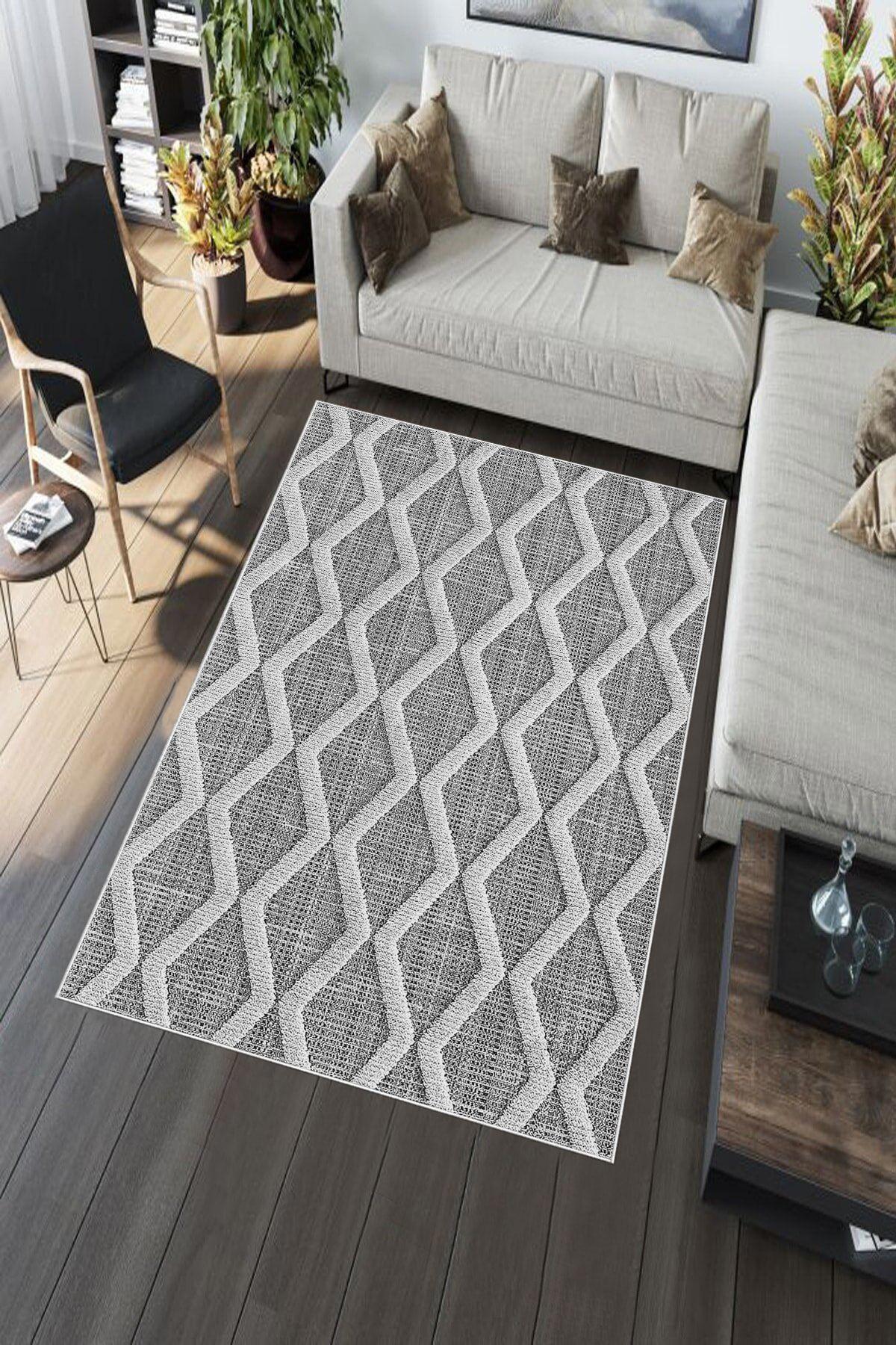 Aldora A250 Gri 9 mm Deri Toz Tutmaz Yıkanabilir İnce Kaymaz Pamuk Taban Dikdörtgen Makine Dokuma Salon Halısı 80x140 cm