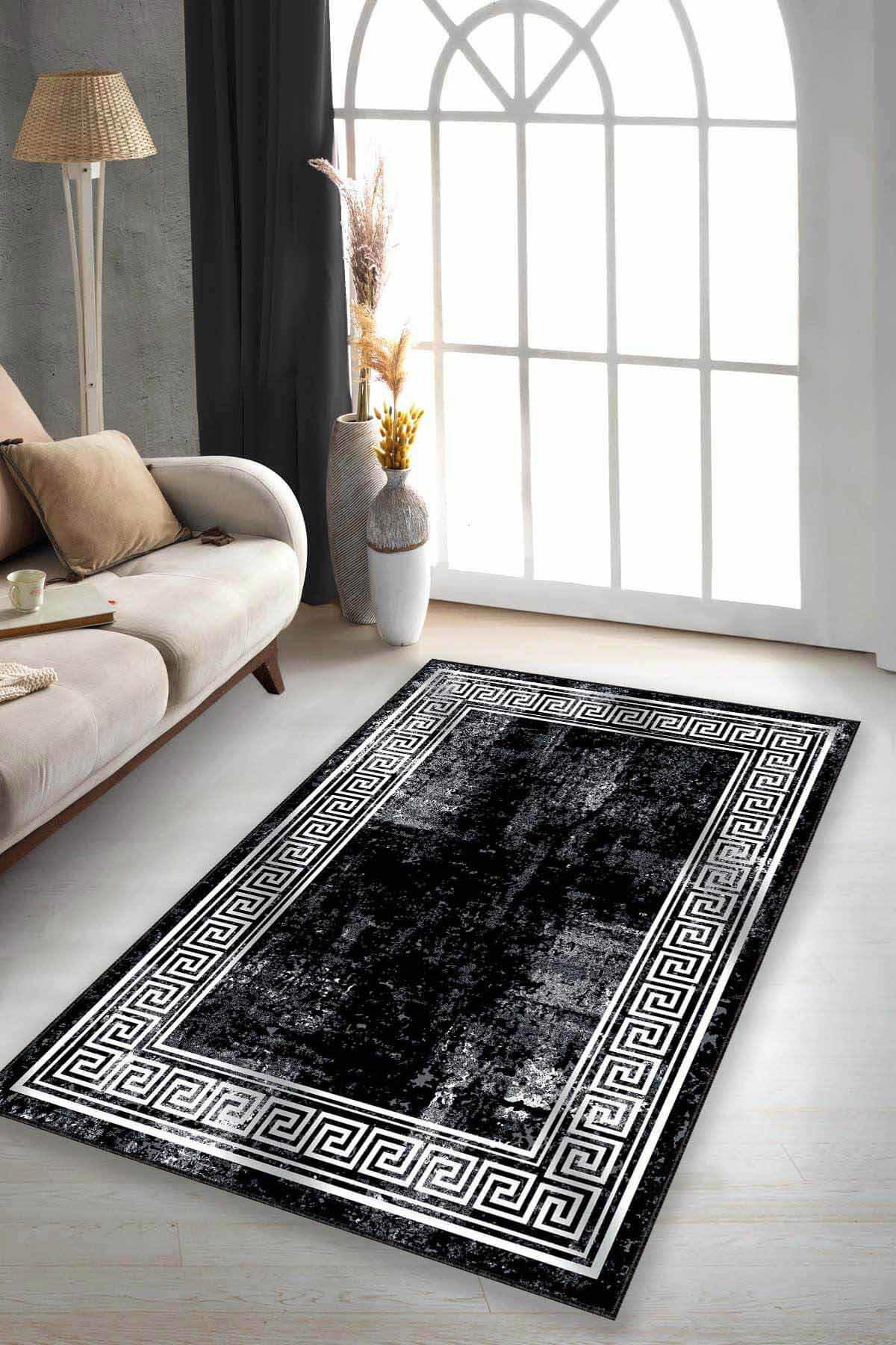 Viva Home AR166 Siyah 7 mm Mikropolyester Antibakteriyel Yıkanabilir Kalın Kaymaz Lateks Taban Dikdörtgen Makine Dokuma Salon Halısı 100x200 cm