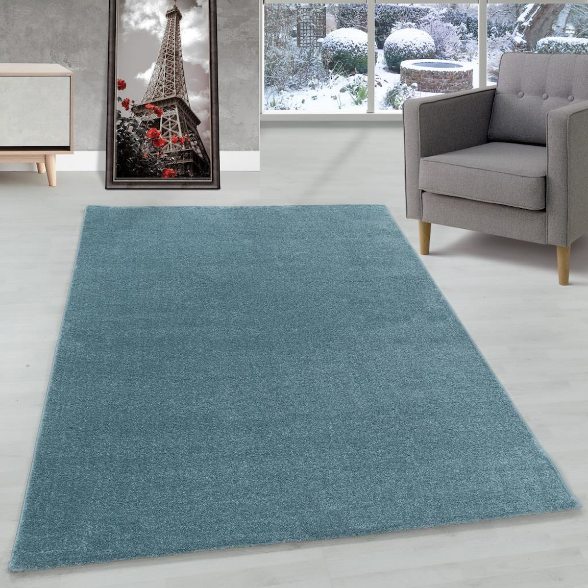 Carpettex Mavi - Turkuaz 11 mm Polipropilen Yalıtıma Yardımcı Yıkanabilir İnce Kaymaz Dikdörtgen Makine Dokuma Salon Halısı 150x250 cm
