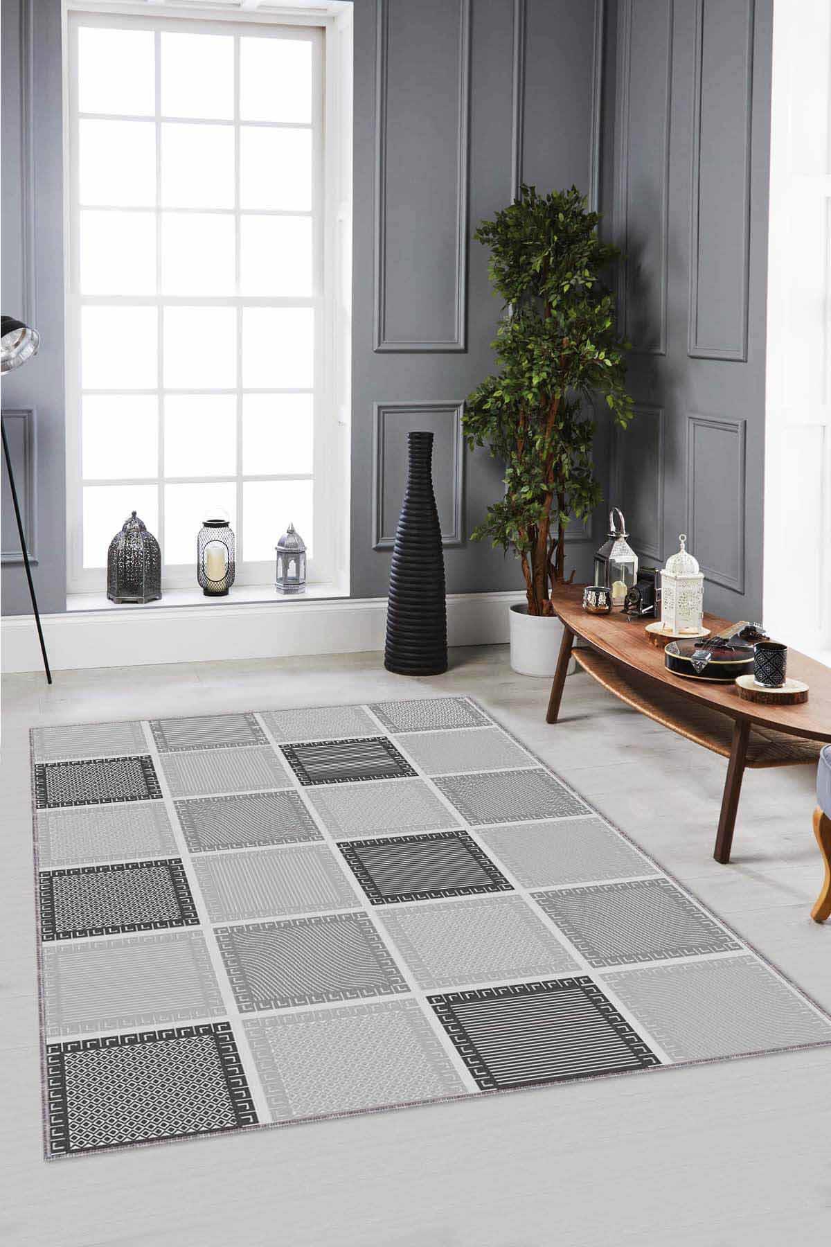 Viva Home DM08 Gri 7 mm Mikropolyester Toz Tutmaz Yıkanabilir İnce Kaymaz Dot Taban Geometrik Dikdörtgen Makine Dokuma Salon Halısı 200x300 cm