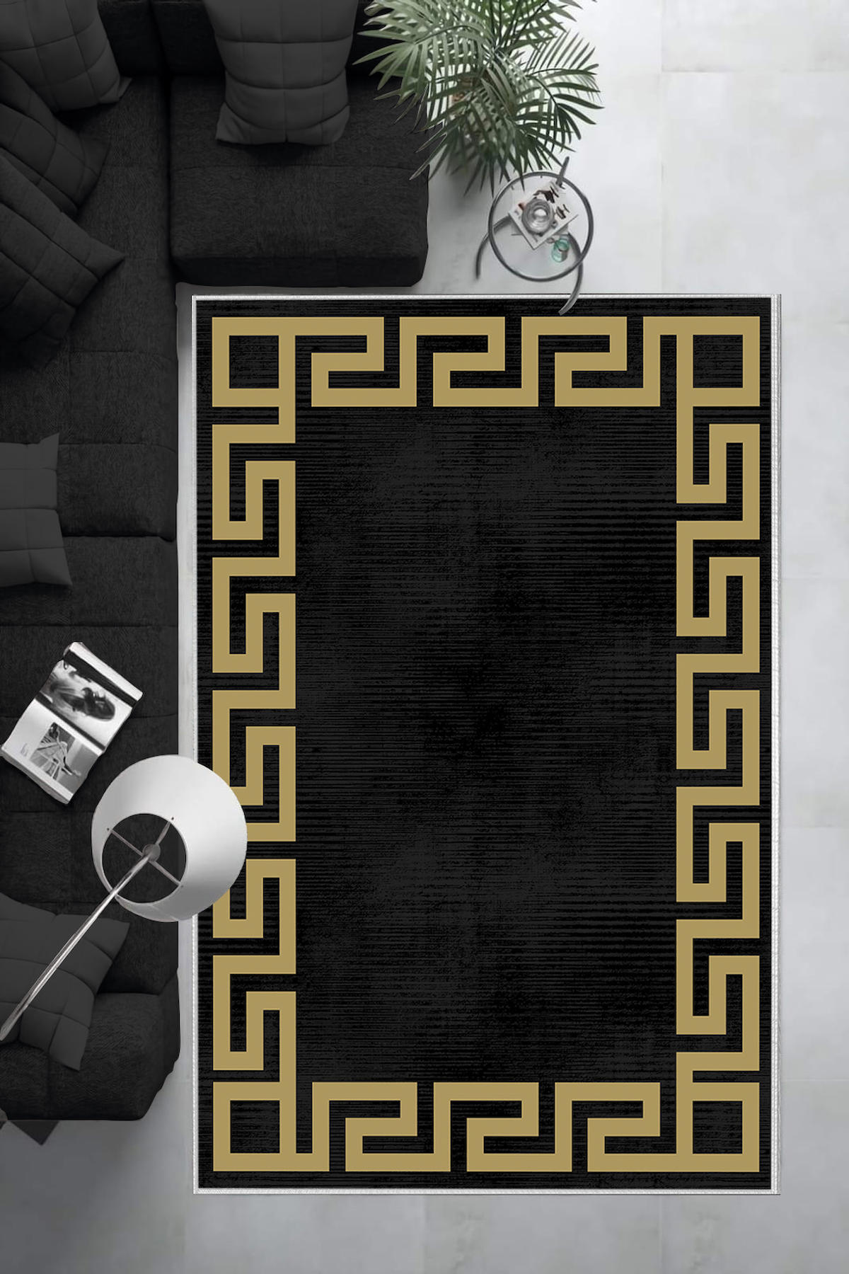 Aldora Altın-Siyah 0.8 mm Polipropilen Yıkanabilir Orta Kaymaz Deri Taban Dikdörtgen Makine Dokuma Salon Halısı 60x240 cm