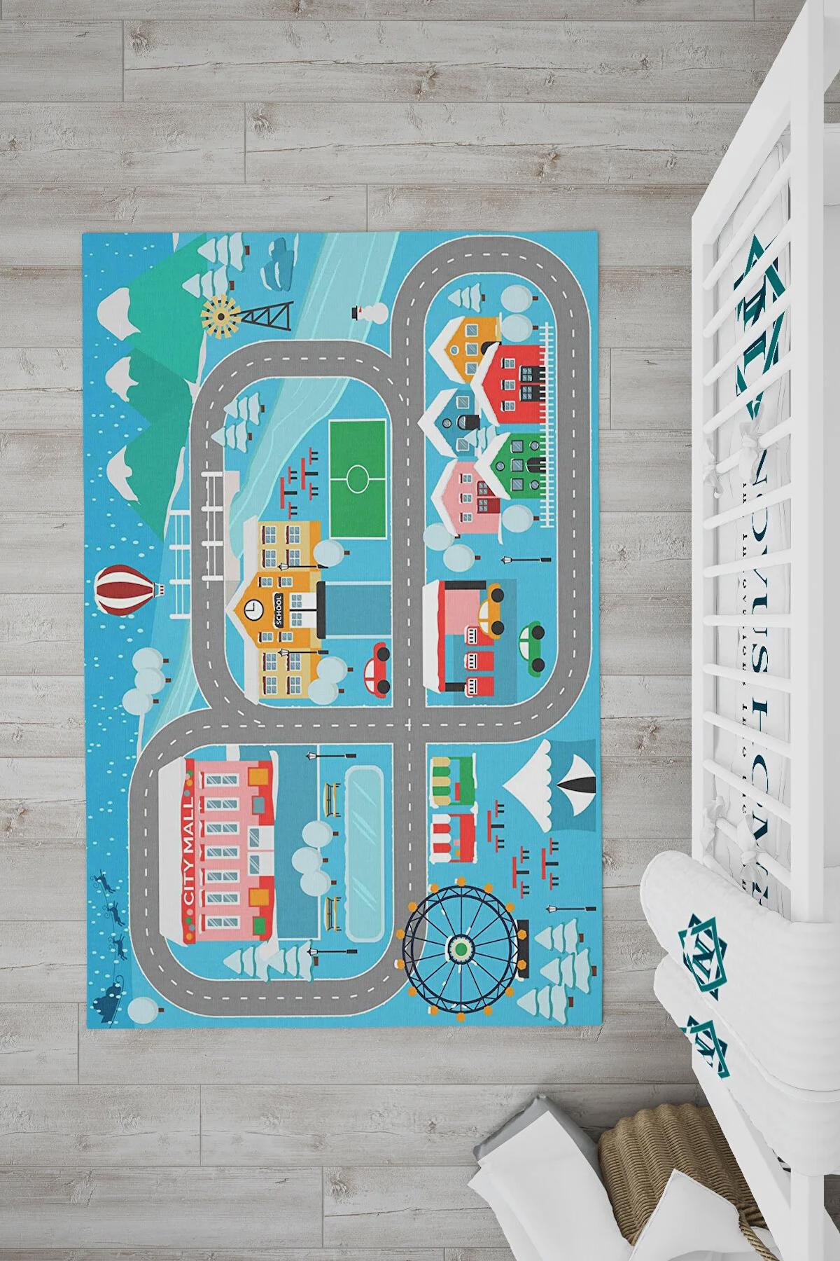 Novus Home Mavi 7 mm Polyester Antibakteriyel-Antialerjenik Yıkanabilir Orta Kaymaz Dot Taban Dikdörtgen Makine Dokuma Çocuk Odası Halısı 80x500 cm