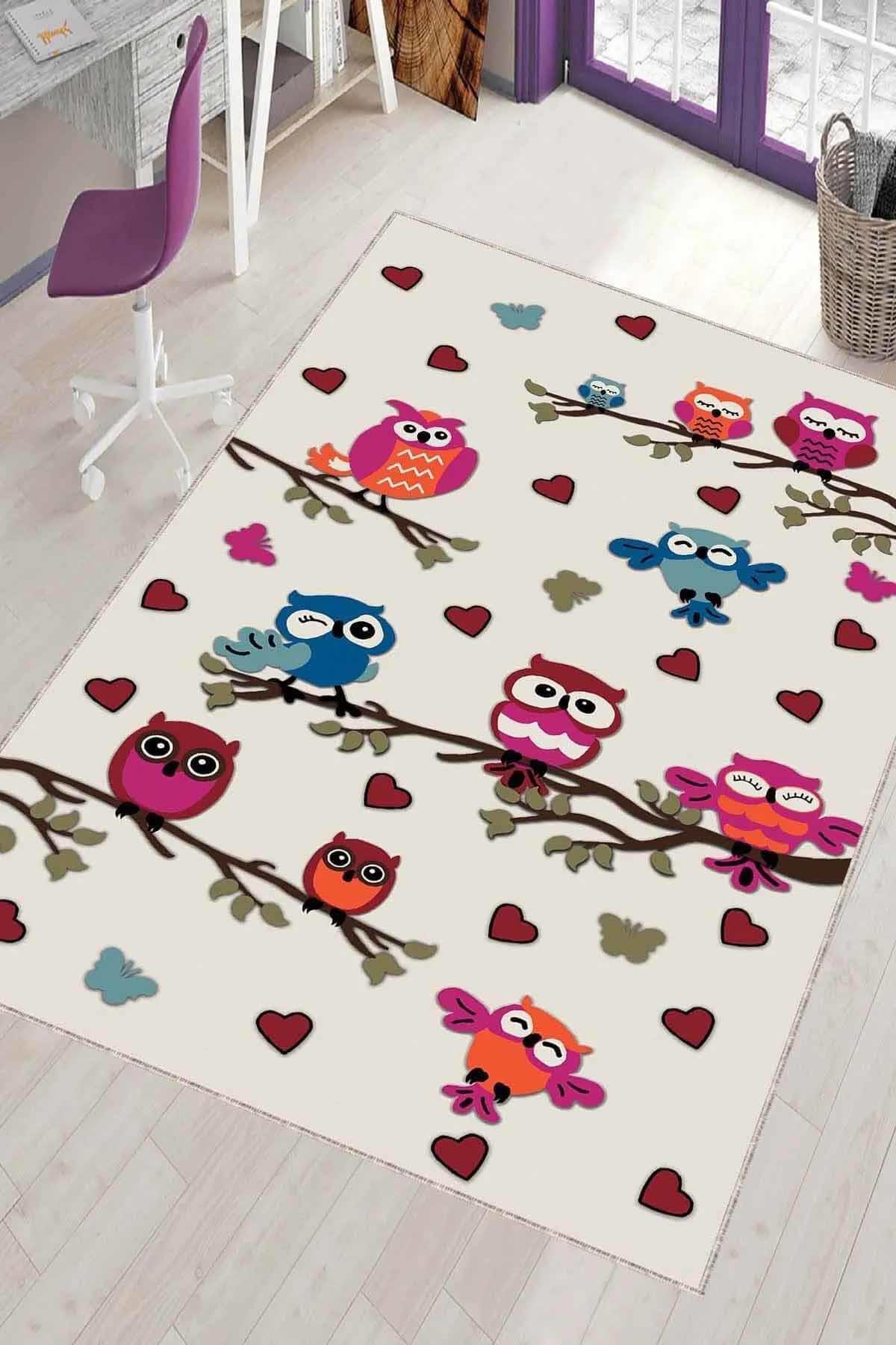 Viva Home KD043 Krem 7 mm Mikropolyester Yalıtıma Yardımcı Yıkanabilir Orta Kaymaz Dot Taban Hayvan Desenli Dikdörtgen Makine Dokuma Çocuk Odası Halısı 160x160 cm