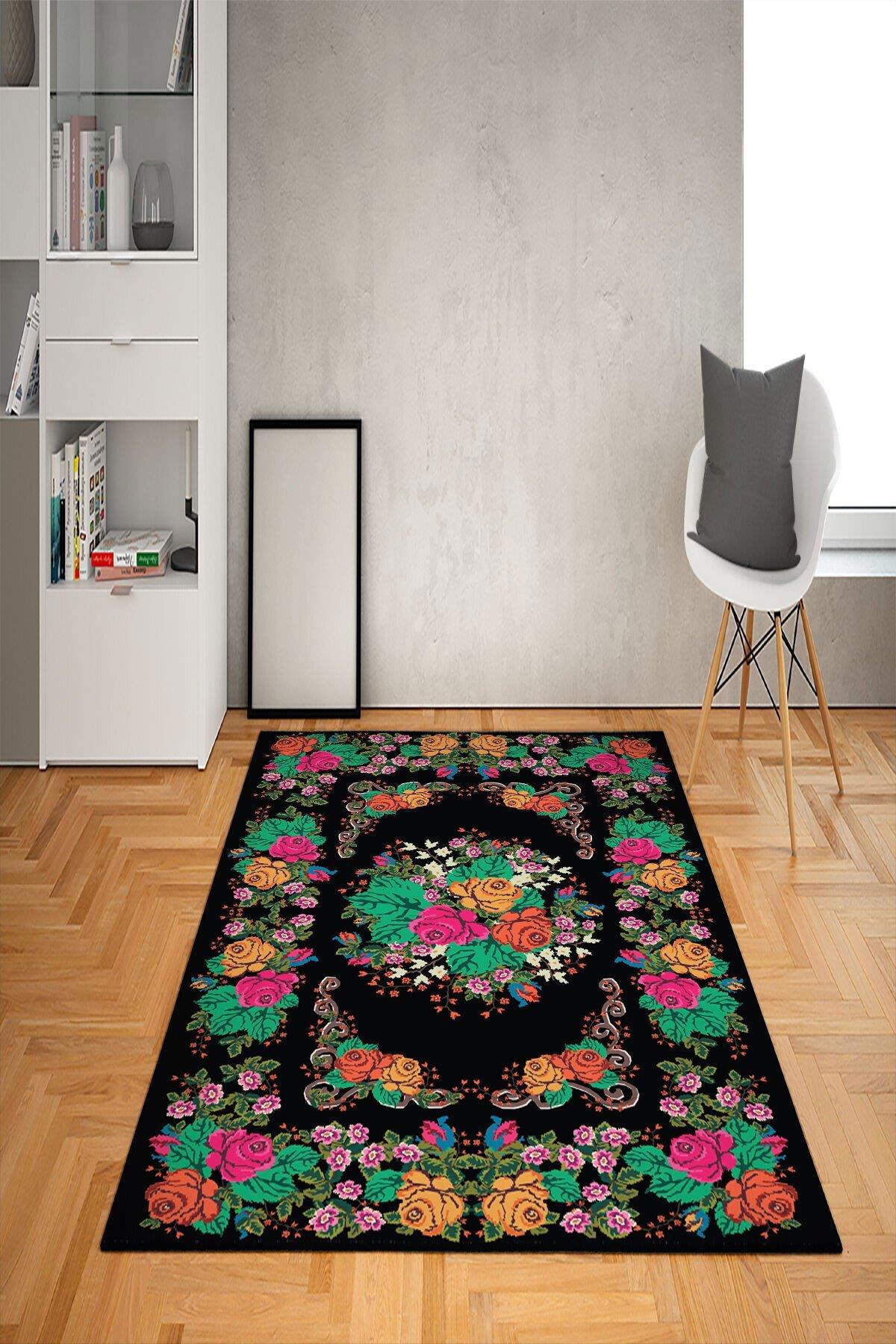 Doruklar Home Collection Krem 0.7 mm Yıkanabilir Kaymaz Taban Çiçek Desenli Dikdörtgen Makine Dokuma Halı 160x230 cm
