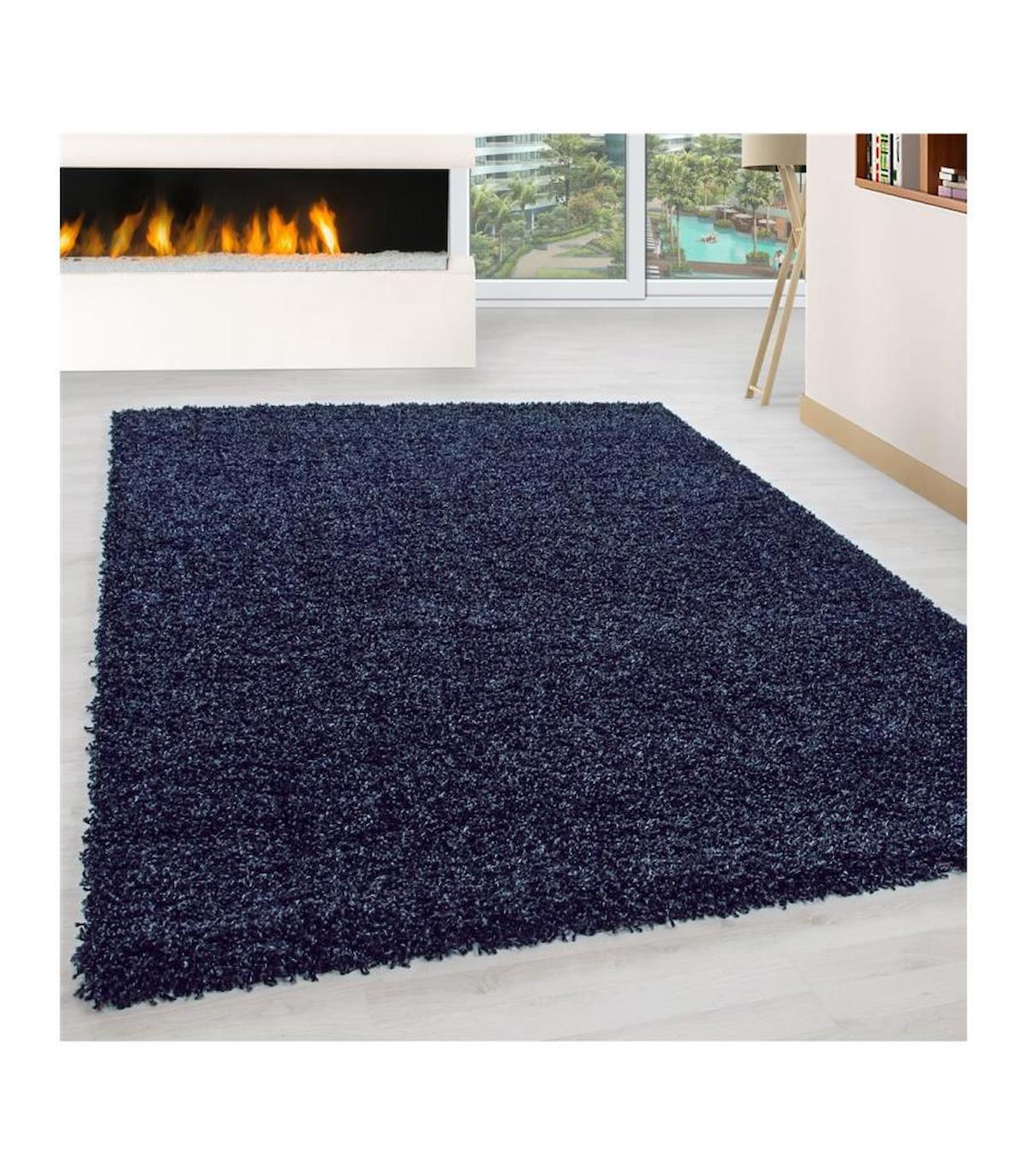 Carpettex Lacivert 30 mm Polipropilen Antibakteriyel Yıkanabilir Kalın Kaymaz Lateks Taban Dikdörtgen Makine Dokuma Salon Halısı 80x500 cm