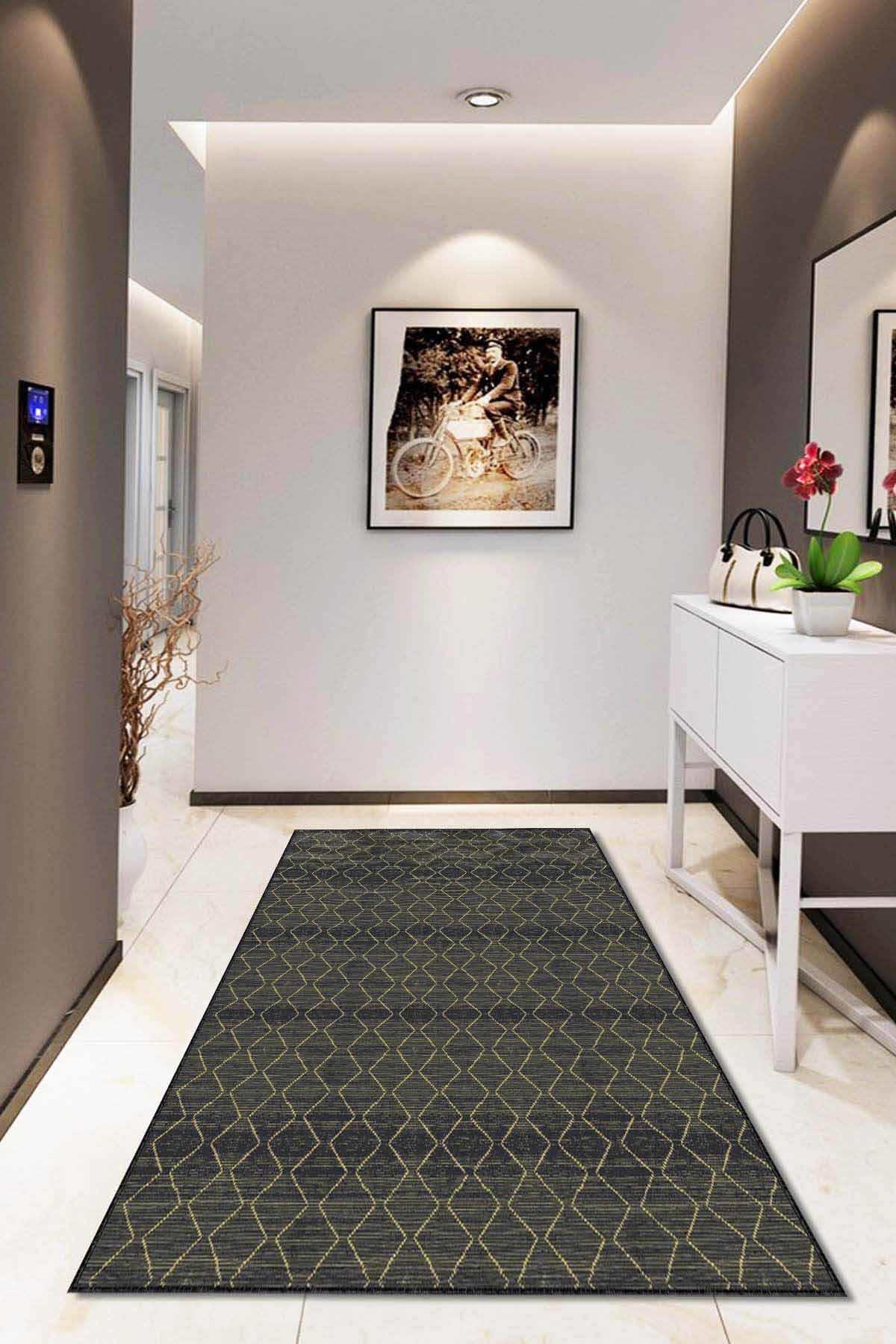 Viva Home RV196 Altın 7 mm Mikropolyester Antibakteriyel Yıkanabilir İnce Kaymaz Dot Taban Geometrik Dikdörtgen Makine Dokuma Salon Halısı 160x230 cm