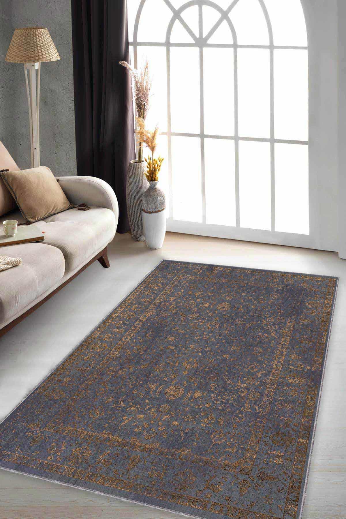Viva Home KR024 Antrasit 7 mm Mikropolyester Yıkanabilir İnce Kaymaz Jüt Taban Dikdörtgen Makine Dokuma Salon Halısı 160x160 cm
