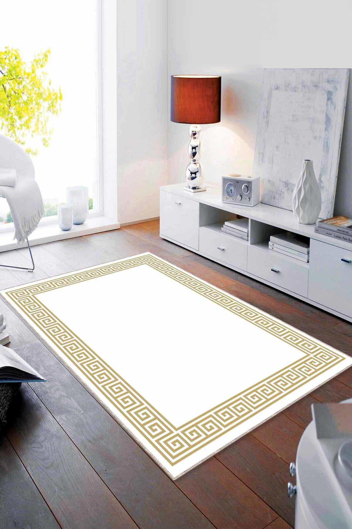 Viva Home RV038 Altın - Krem 7 mm Mikropolyester Leke tutmaz Yıkanabilir İnce Kaymaz Dot Taban Dikdörtgen Makine Dokuma Salon Halısı 160x160 cm