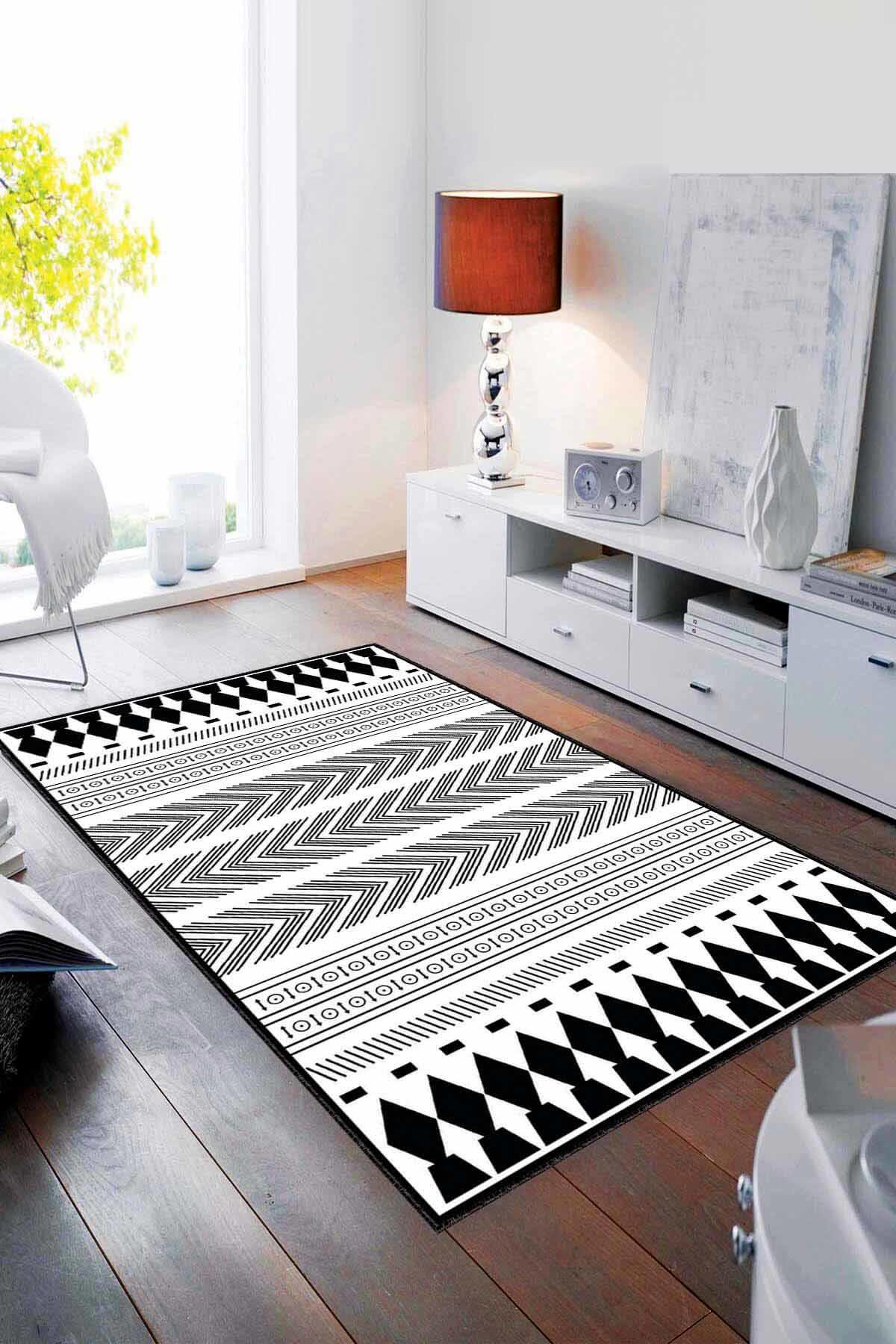 Viva Home MRC07 Beyaz - Siyah 7 mm Mikropolyester Leke Tutmaz Yıkanabilir İnce Kaymaz Dot Taban Dikdörtgen Makine Dokuma Salon Halısı 160x230 cm