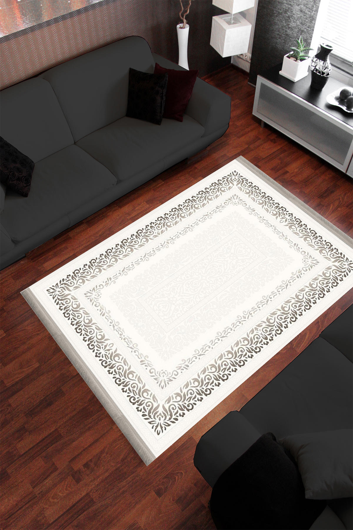 Homier Collection H-KS-3080A Krem 7 mm Pamuk Antibakteriyel Yıkanabilir Orta Kaymaz Dot Taban Dikdörtgen Makine Dokuma Salon Halısı 100x150 cm