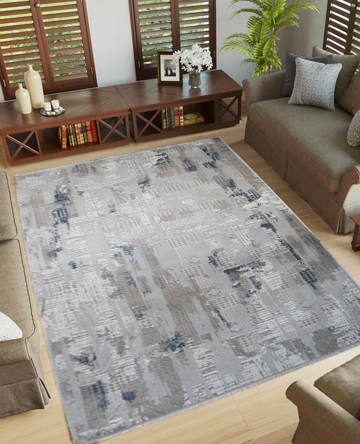 İpek Mekik Halı Gordion Mavi - Vizon 7 mm Polyester Yıkanabilir Orta Kaymaz Pamuk Taban Dikdörtgen Makine Dokuma Antre-Çocuk Odası-Salon-Yatak Odası Halısı 180x180 cm