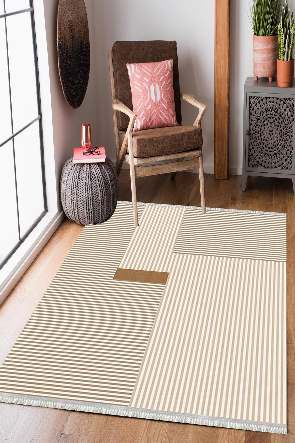 Enbe Collection E-PW8179 Çok Renkli 5 mm Pamuk Silinebilir Yıkanabilir Orta Kaymaz Dot Taban Dikdörtgen Makine Dokuma Oturma Odası Halısı 80x150 cm