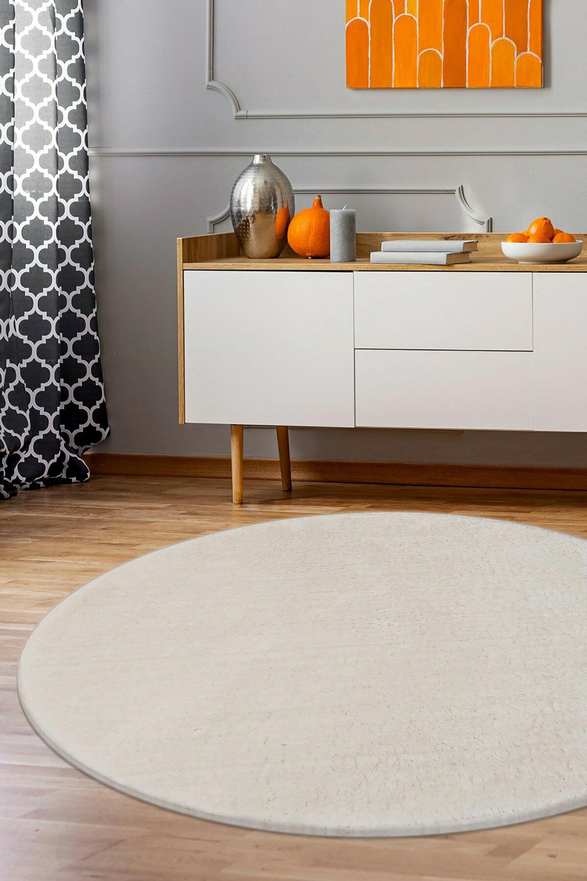 Homefesto Krem 5 mm Polyester Leke Tutmaz Yıkanabilir Kalın Kaymaz Taban Yuvarlak Makine Dokuma Salon Halısı 200x290 cm