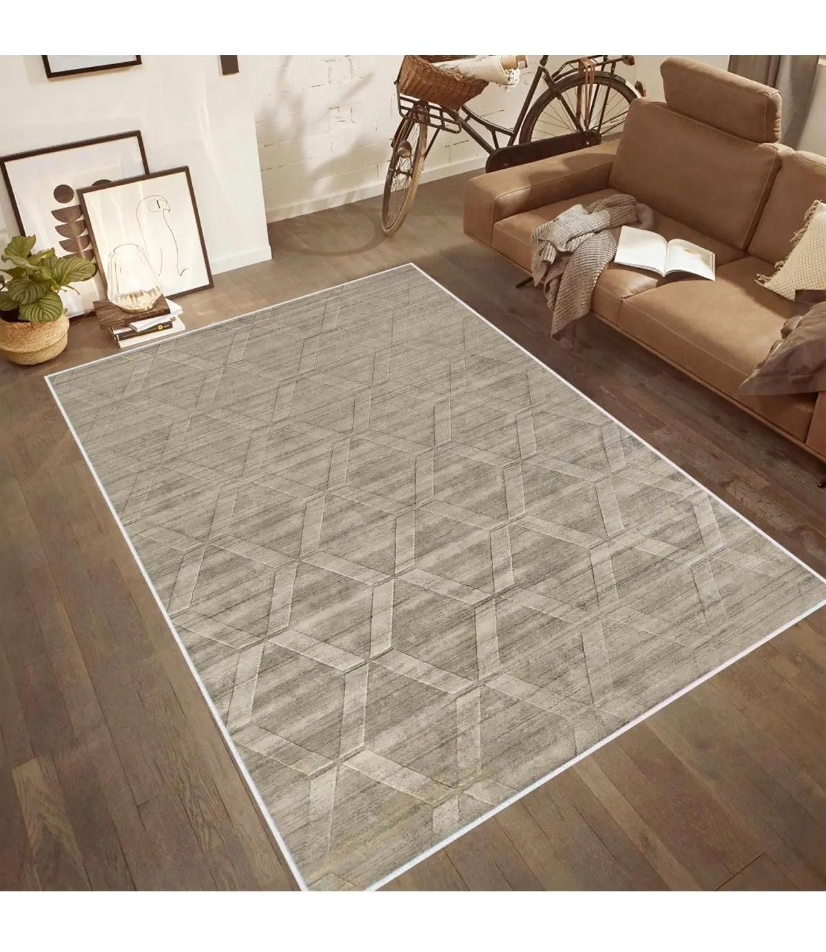 Rovigo Home RVG0505 Krem 8 mm Polyester Leke Tutmaz-Toz Tutmaz Yıkanabilir İnce Kaymaz Dot Taban Dikdörtgen Makine Dokuma Salon Halısı 200x290 cm