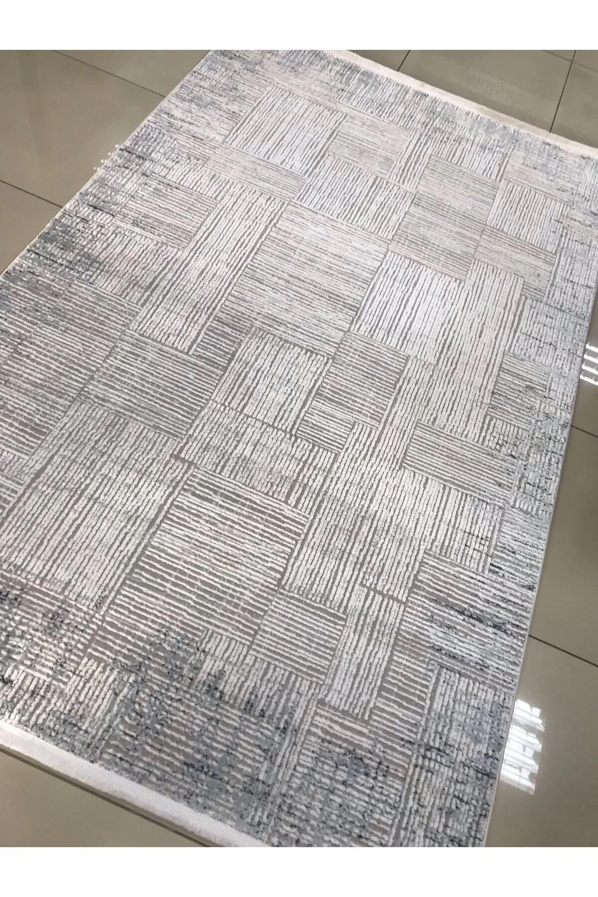 Merinos  Diyez 64256 Krem 6 mm Akrilik Toz Tutmaz Yıkanabilir İnce Kaymaz Geometrik Dikdörtgen Makine Dokuma Salon Halısı 180x200 cm