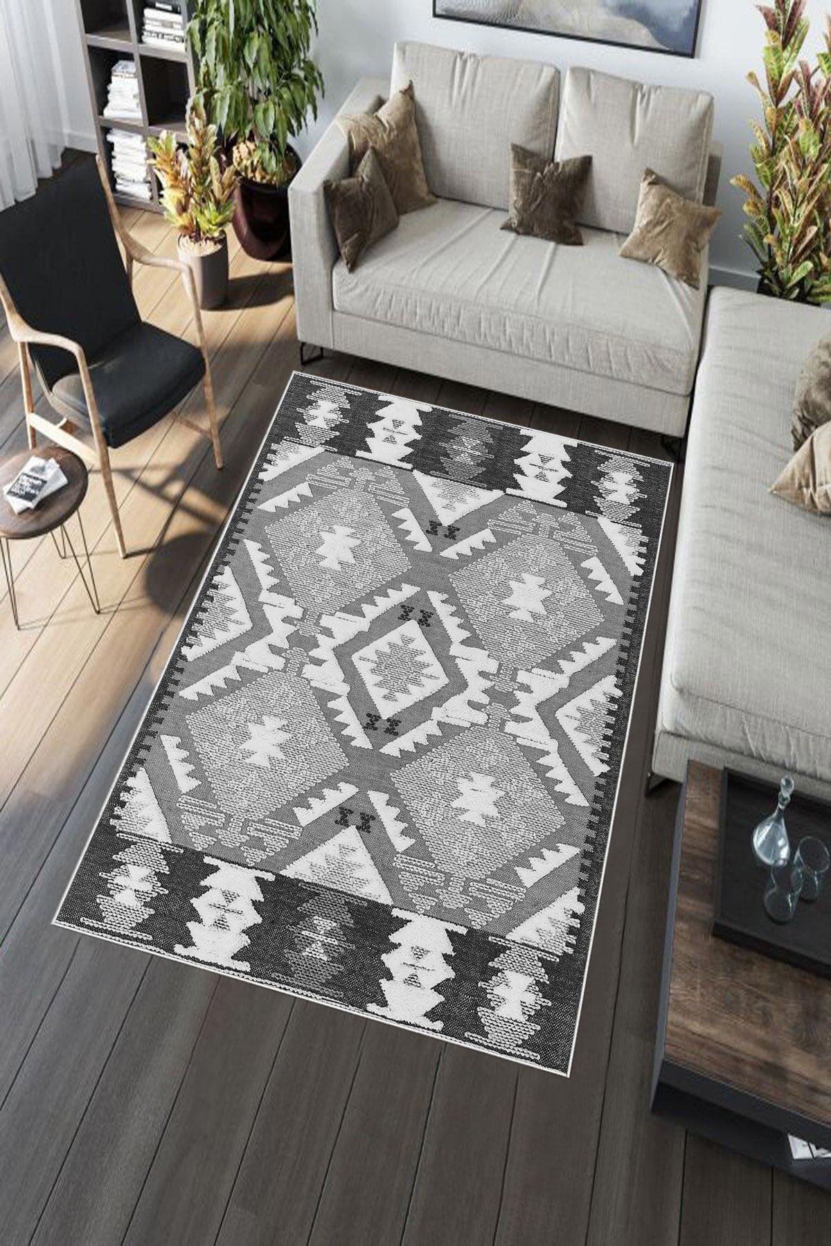 Aldora A271 Gri 9 mm Deri Toz Tutmaz Yıkanabilir İnce Kaymaz Pamuk Taban Dikdörtgen Makine Dokuma Salon Halısı 120x180 cm