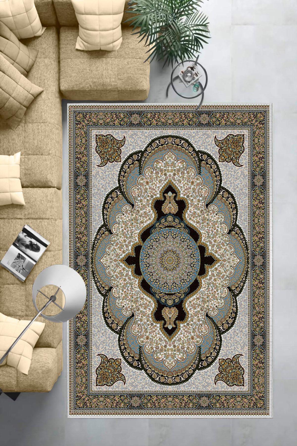Aldora E4162 Mavi 9 mm Deri Leke tutmaz Yıkanabilir İnce Kaymaz Deri Taban Dikdörtgen Makine Dokuma Salon Halısı 80x150 cm