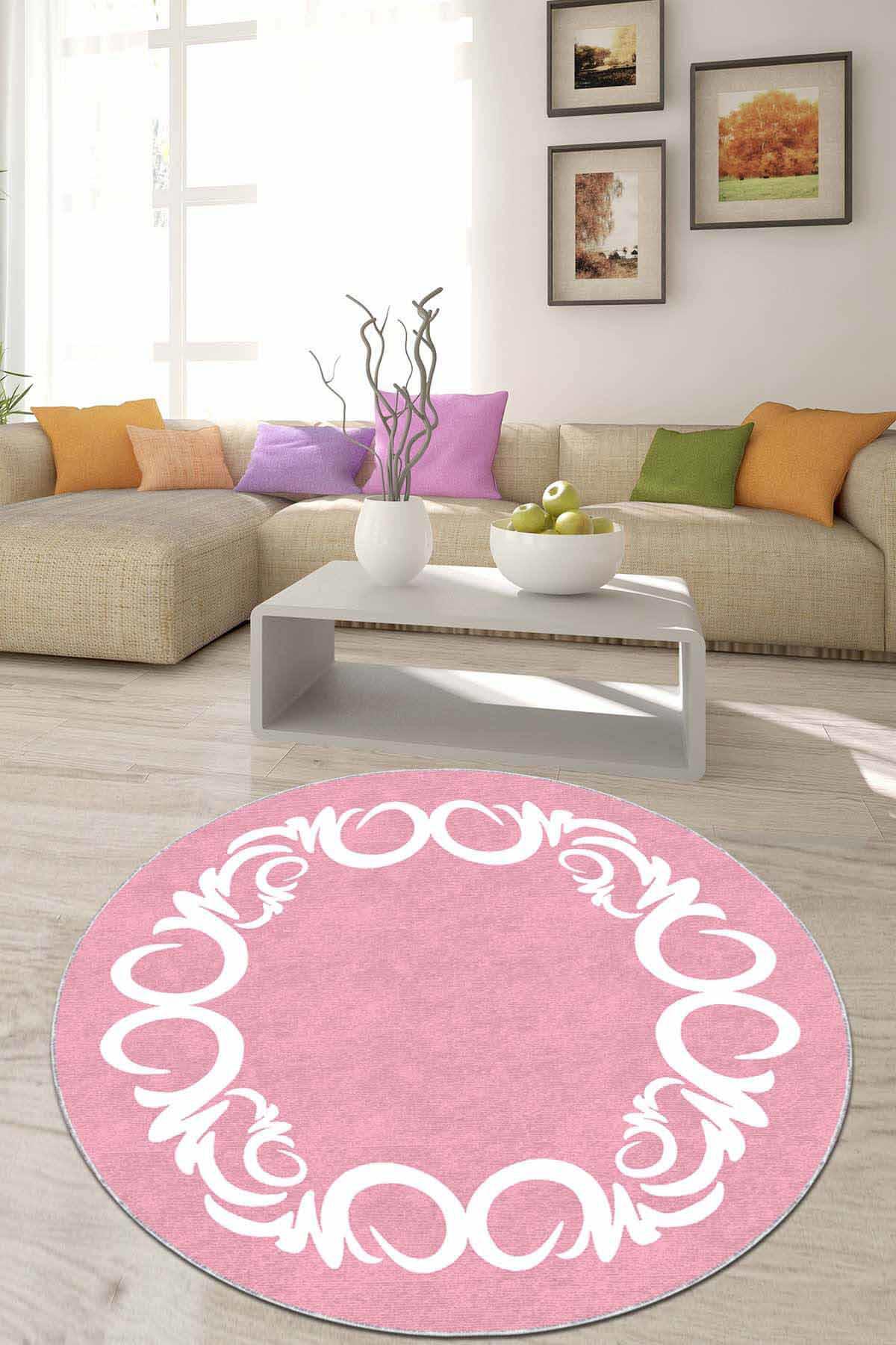 Viva Home AR519 Pembe 7 mm Mikropolyester Leke Tutmaz Yıkanabilir İnce Kaymaz Dot Taban Yuvarlak Makine Dokuma Salon Halısı 120x180 cm