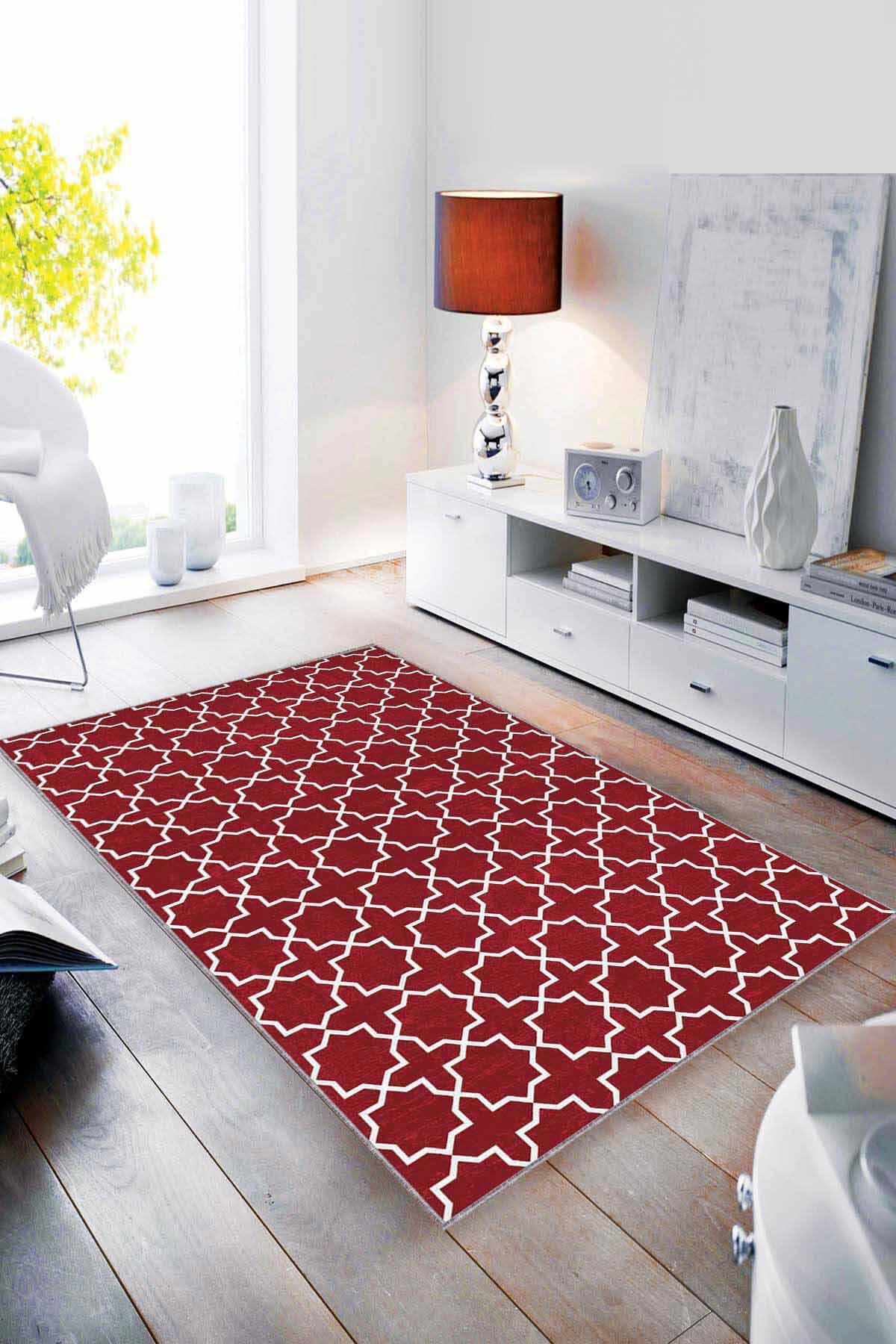 Viva Home MO01 Bordo 7 mm Mikropolyester Leke Tutmaz-Toz Tutmaz Yıkanabilir Orta Kaymaz Dot Taban Dikdörtgen Makine Dokuma Salon Halısı 100x200 cm