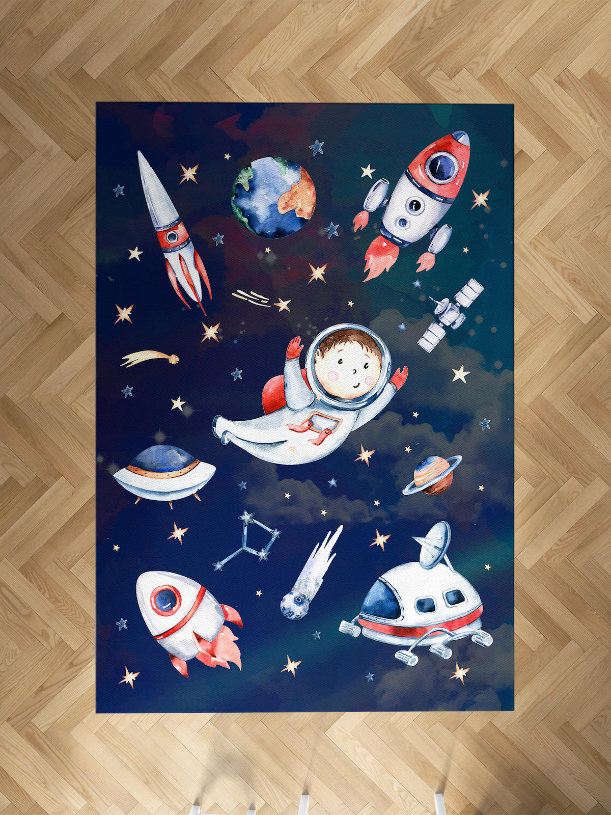 Mekta Home Astronot-Uzay Krem 10 mm Antibakteriyel Yıkanabilir İnce Kaymaz Dot Taban Dikdörtgen Makine Dokuma Çocuk Odası Halısı 100x300 cm