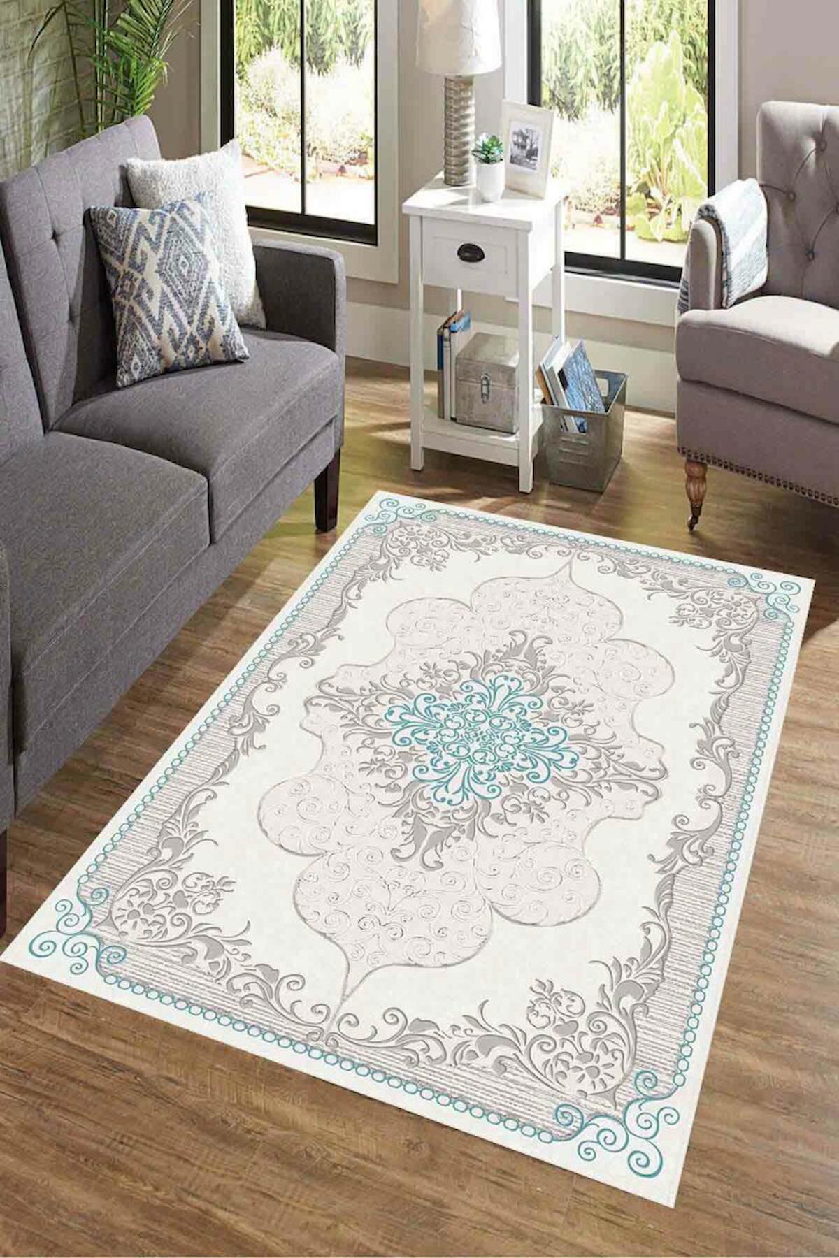 Homefesto Krem 5 mm Polyester Leke Tutmaz Yıkanabilir İnce Kaymaz Taban Dikdörtgen Makine Dokuma Salon Halısı 160x233 cm