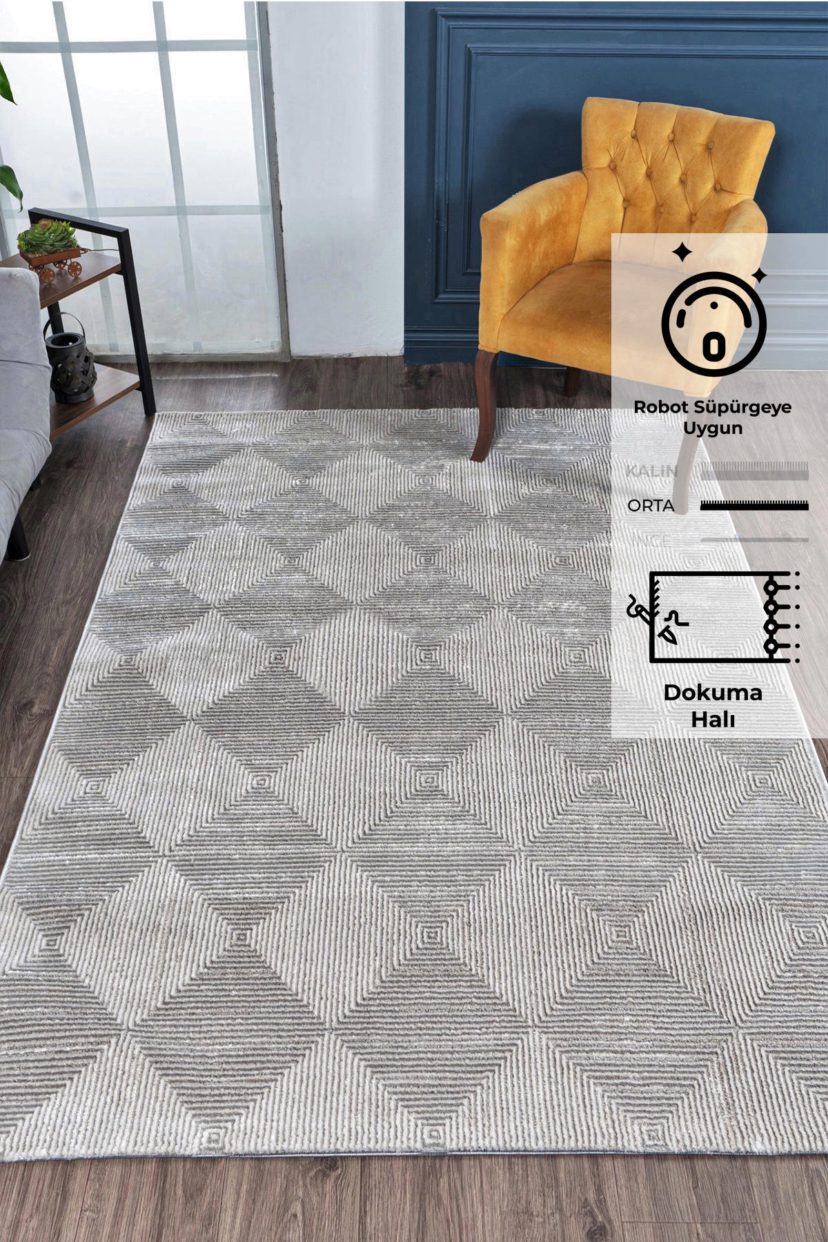 Konfor Halı Motto 4586 Krem 7 mm Polyester Yıkanabilir Dikdörtgen Makine Dokuma Salon Halısı 100x200 cm