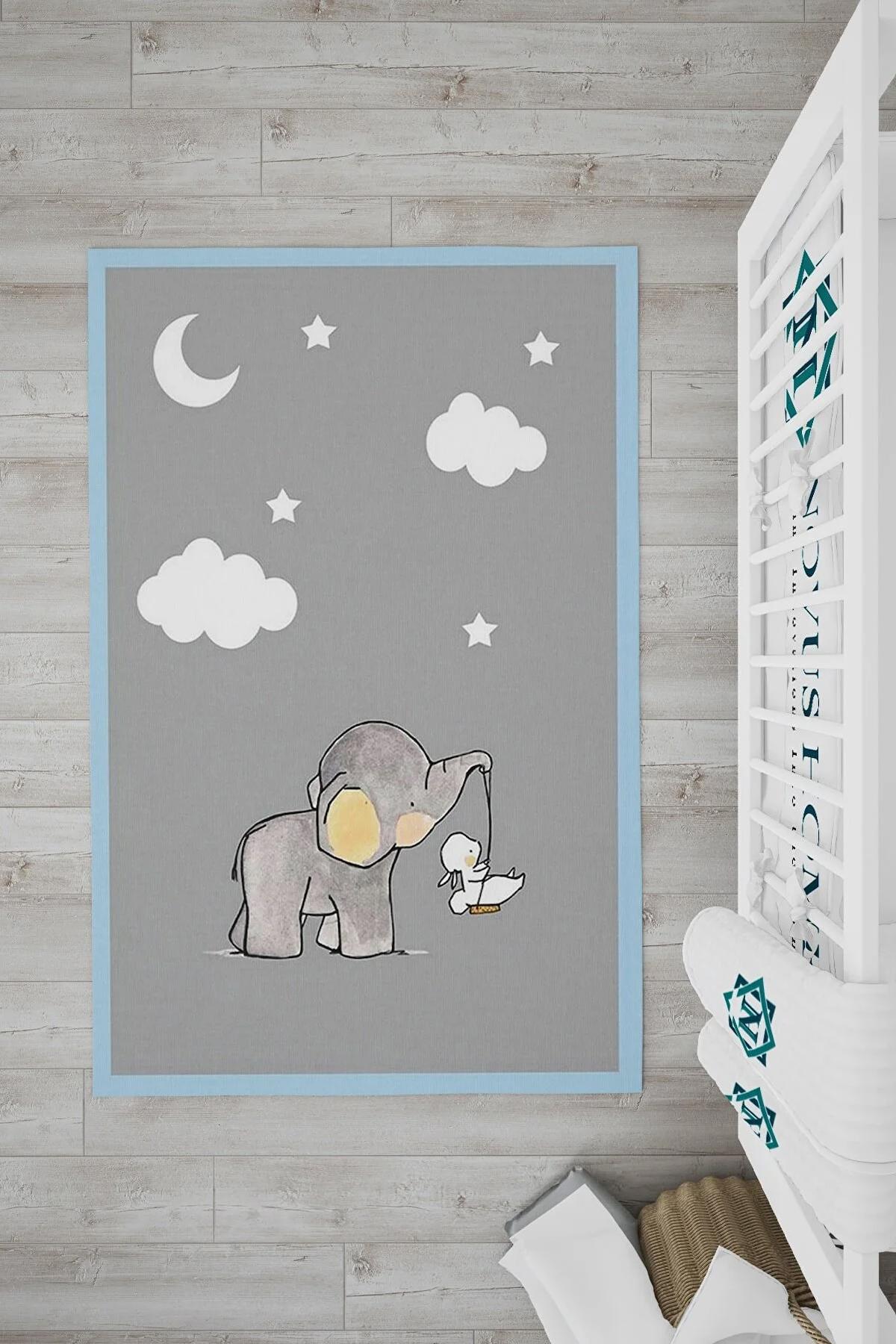 Novus Home Verona Serisi Gri-Mavi 6 mm Polyester Antibakteriyel-Toz Tutmaz-Yalıtıma Yardımcı Yıkanabilir İnce Kaymaz Taban Yuvarlak Makine Dokuma Çocuk Odası Halısı 60x100 cm