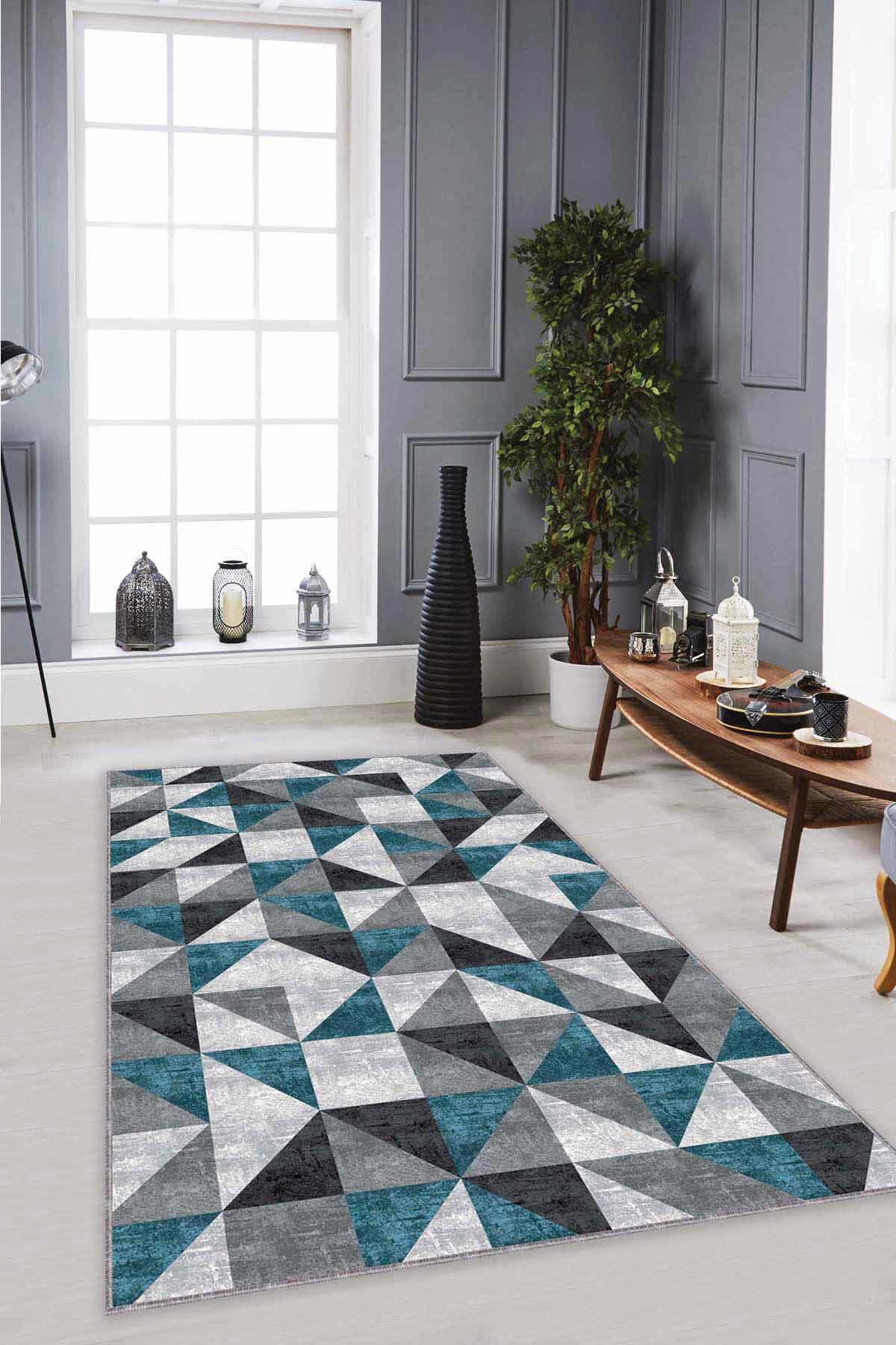 Viva Home PR09 Çok Renkli 7 mm Mikropolyester Leke Tutmaz-Yalıtıma Yardımcı Yıkanabilir İnce Kaymaz Taban Dikdörtgen Makine Dokuma Salon Halısı 100x400 cm