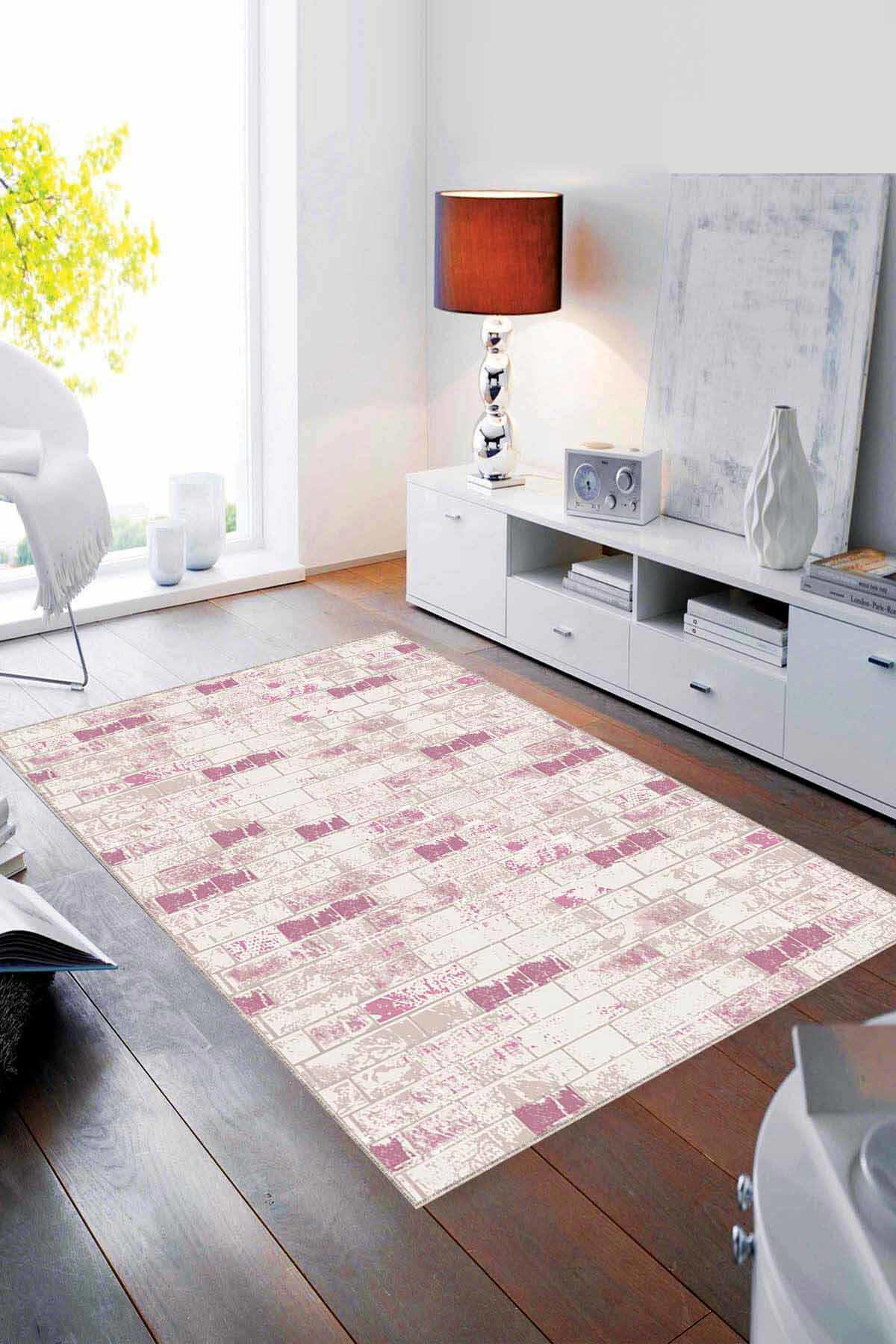 Viva Home TL3 Pembe 7 mm Mikropolyester Leke Tutmaz Yıkanabilir İnce Kaymaz Dot Taban Dikdörtgen Makine Dokuma Salon Halısı 100x300 cm