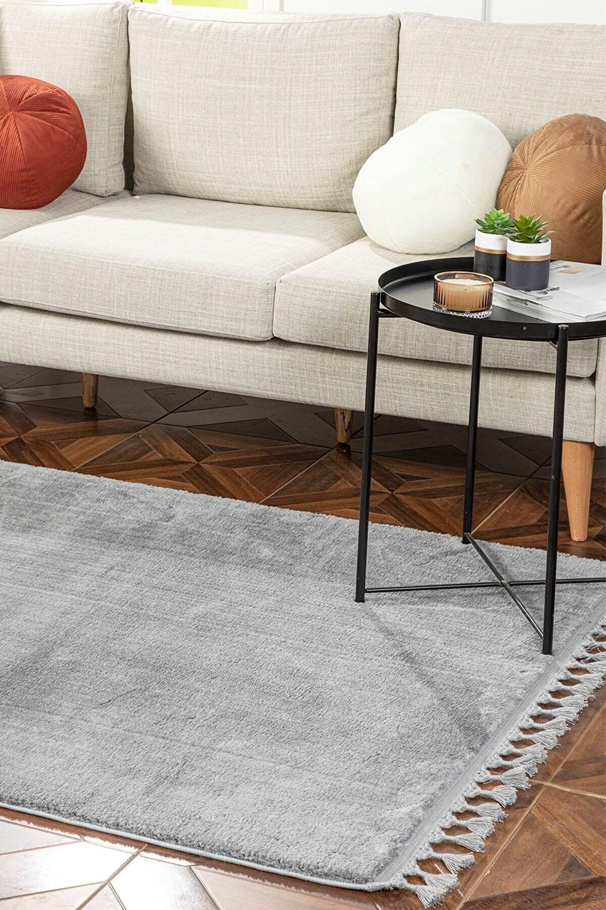 Saraz Halı Comfort Puffy Gri 10.5 mm Polyester Antibakteriyel Yıkanabilir Orta Kaymaz Dot Taban Dikdörtgen Makine Dokuma Salon Halısı 200x300 cm