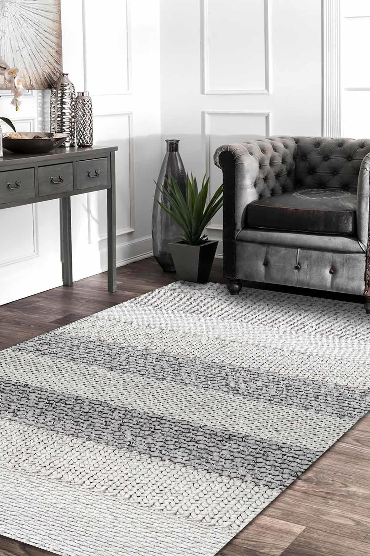 Aida Home Loop Krem 0.5 mm Pamuk Antibakteriyel Yıkanabilir İnce Kaymaz Pamuk Taban Dikdörtgen Makine Dokuma Oturma Odası Halısı 150x235 cm