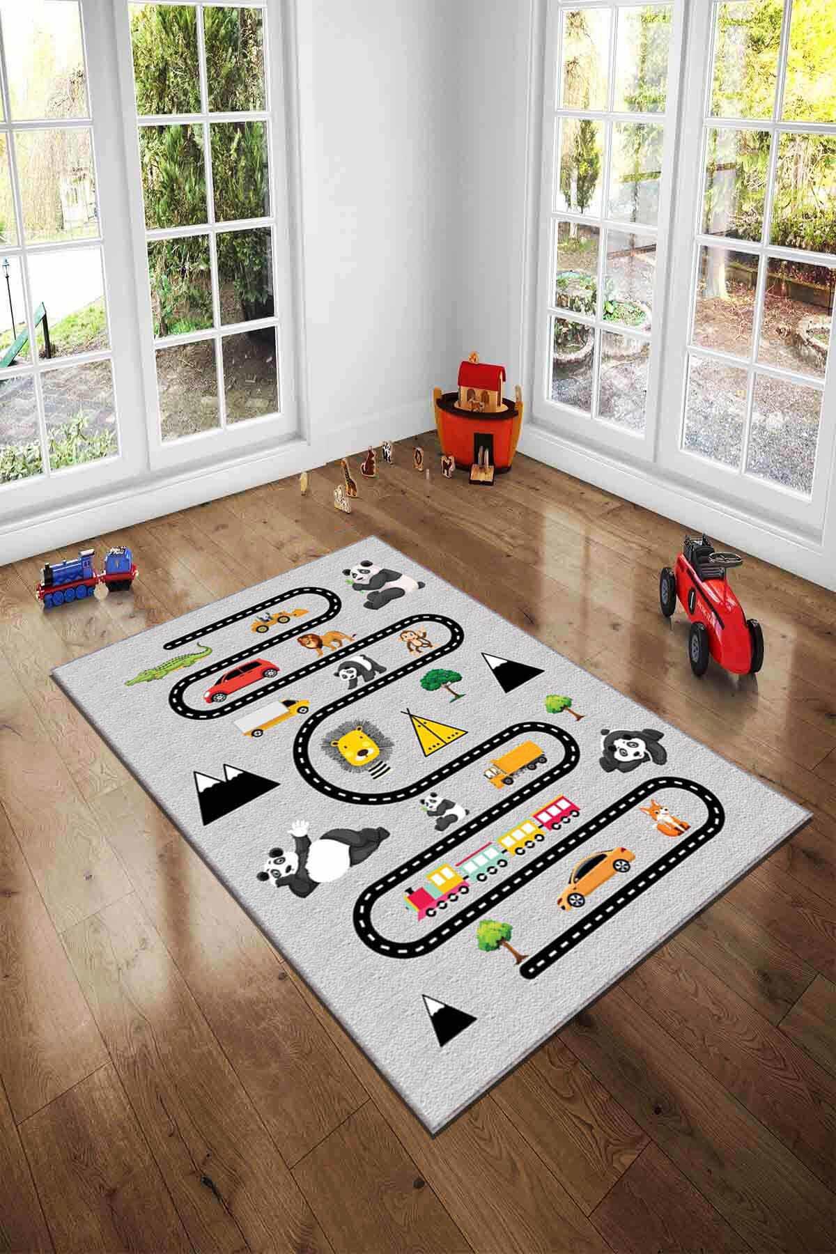Viva Home AR226 Gri 7 mm Mikropolyester Toz Tutmaz Yıkanabilir İnce Kaymaz Dot Taban Dikdörtgen Makine Dokuma Çocuk Odası Halısı 100x300 cm