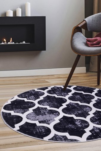 Dijidekor Maça Siyah 6 mm Polyester Antibakteriyel Yıkanabilir Orta Kaymaz Taban Yuvarlak Makine Dokuma Oturma Odası Halısı 120x200 cm