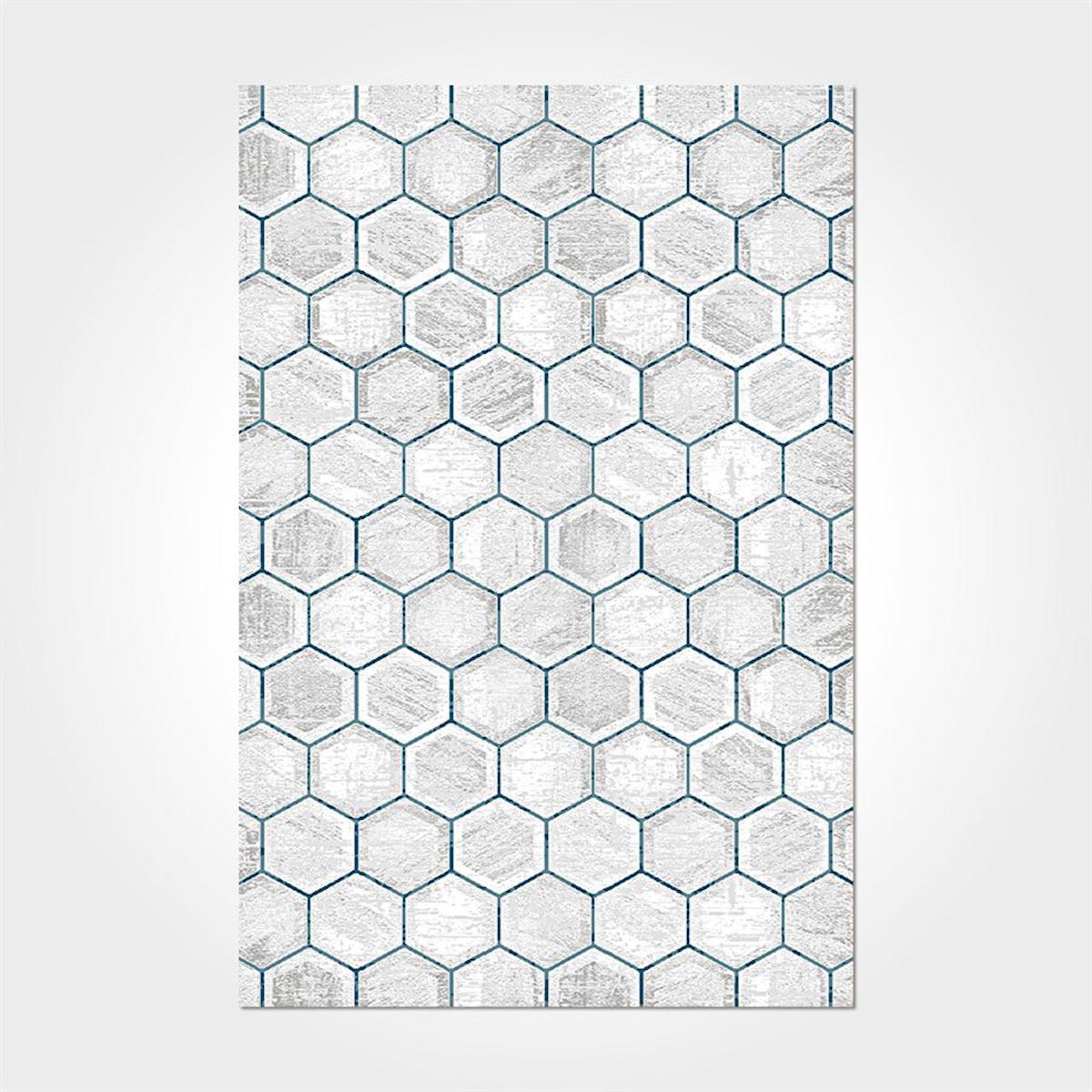 Crea Halı Argilla 15958K Mavi 10 mm Akrilik Antibakteriyel Yıkanabilir Orta Geometrik Dikdörtgen Makine Dokuma Salon Halısı 120x180 cm