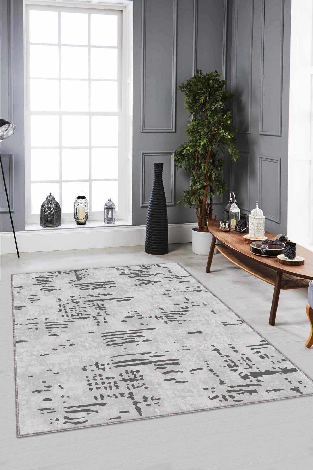 Viva Home DR002 Gri 7 mm Mikropolyester Toz Tutmaz Yıkanabilir İnce Kaymaz Dot Taban Dikdörtgen Makine Dokuma Salon Halısı 100x140 cm