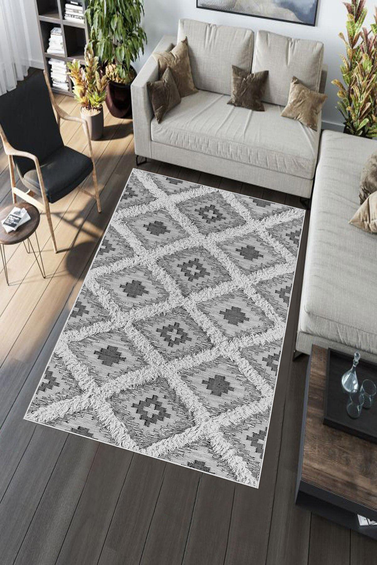 Aldora A268 Gri 9 mm Deri Toz Tutmaz Yıkanabilir İnce Kaymaz Pamuk Taban Dikdörtgen Makine Dokuma Salon Halısı 200x290 cm
