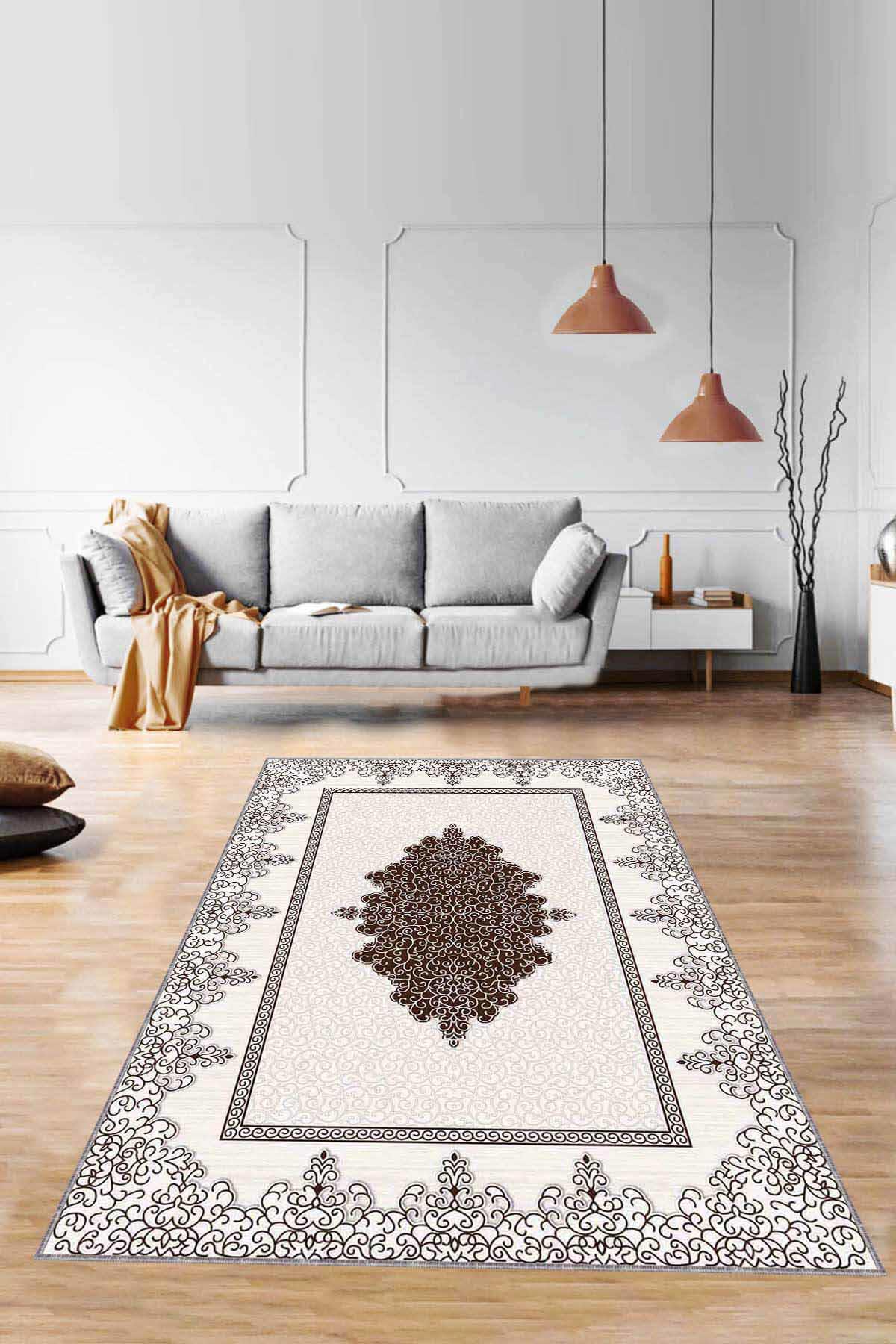 Viva Home MK65 Kahverengi 7 mm Mikropolyester Antibakteriyel Yıkanabilir İnce Kaymaz Taban Dikdörtgen Makine Dokuma Halı 160x230 cm
