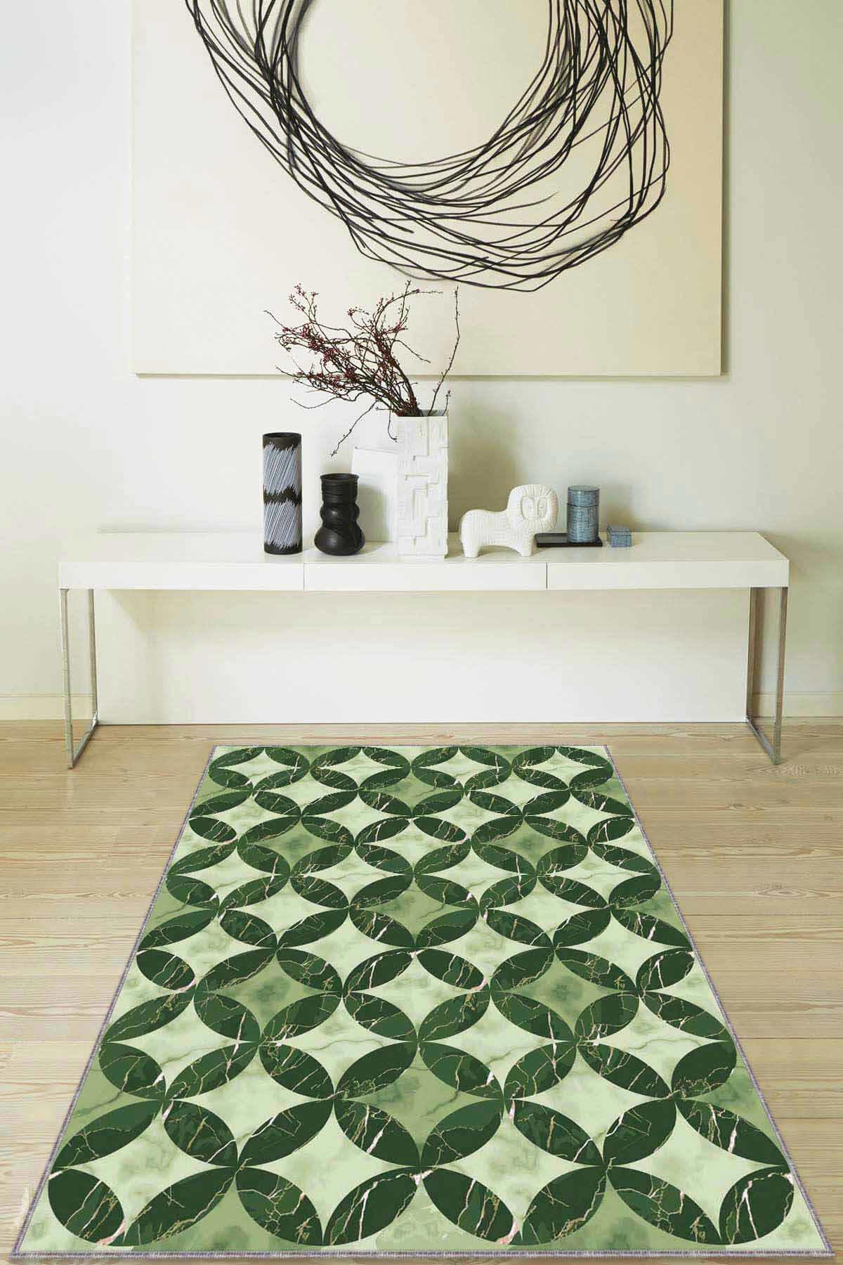 Viva Home RV136 Yeşil 7 mm Mikropolyester Yalıtıma Yardımcı Yıkanabilir İnce Kaymaz Taban Dikdörtgen Makine Dokuma Antre-Salon-Yatak Odası Halısı 100x300 cm